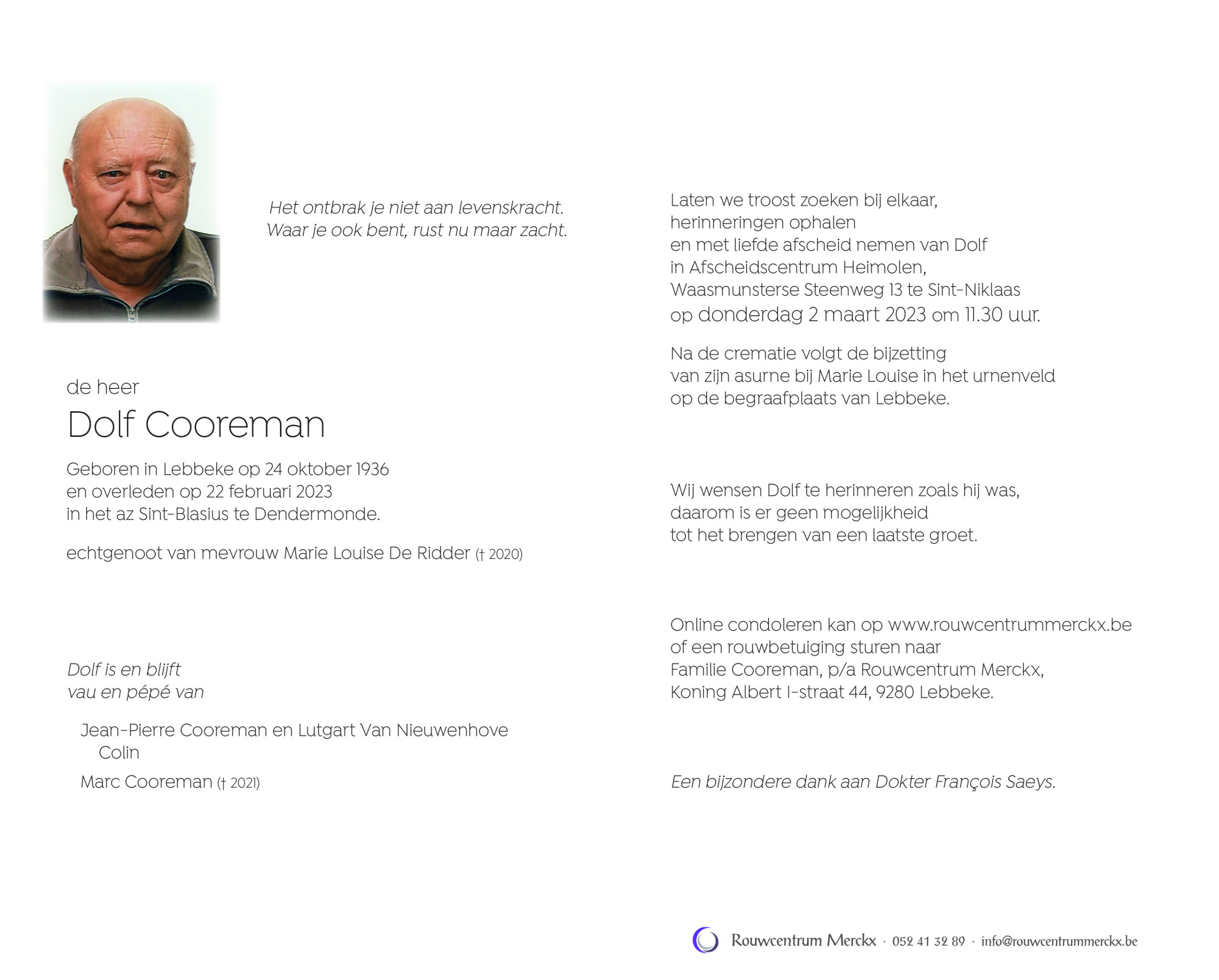 Cooreman Dolf rouwbrief
