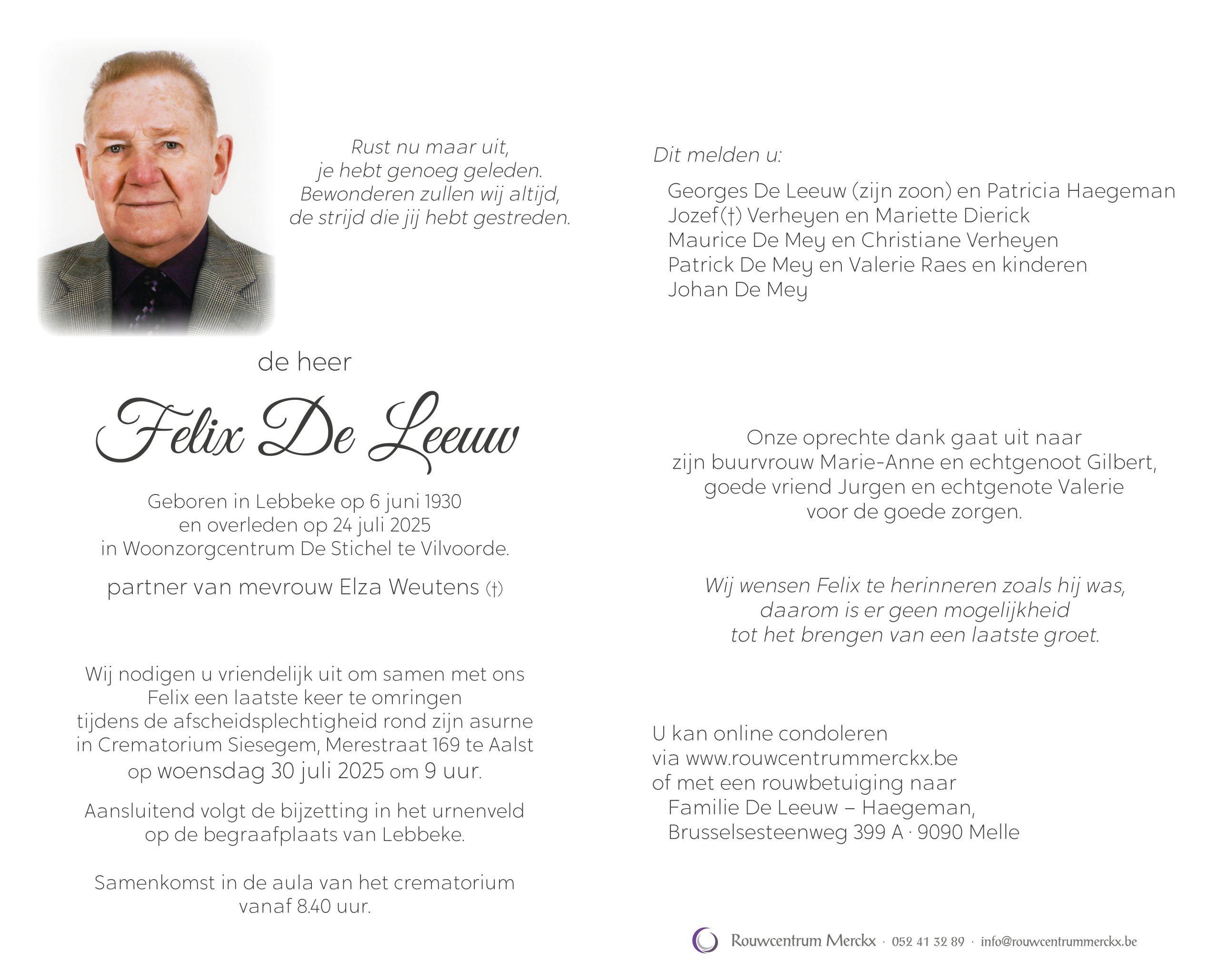 De Leeuw Felix rouwbrief