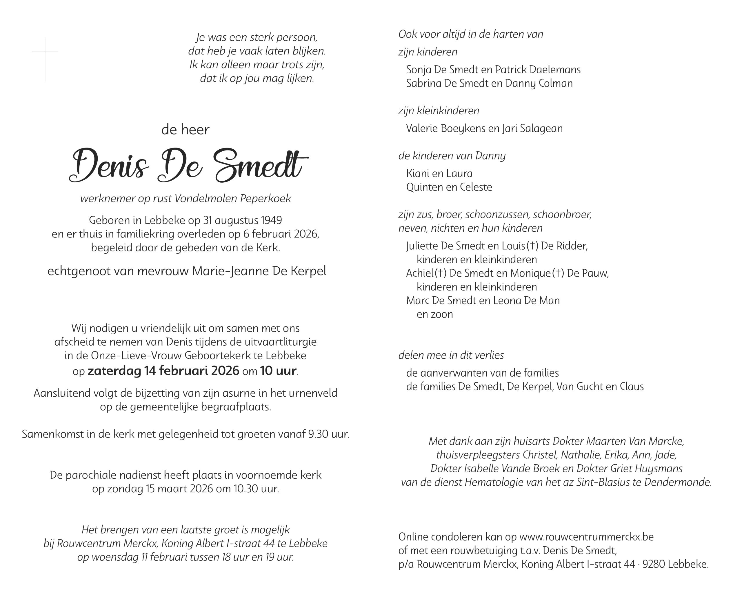 De Smedt Denis rouwbrief binnen