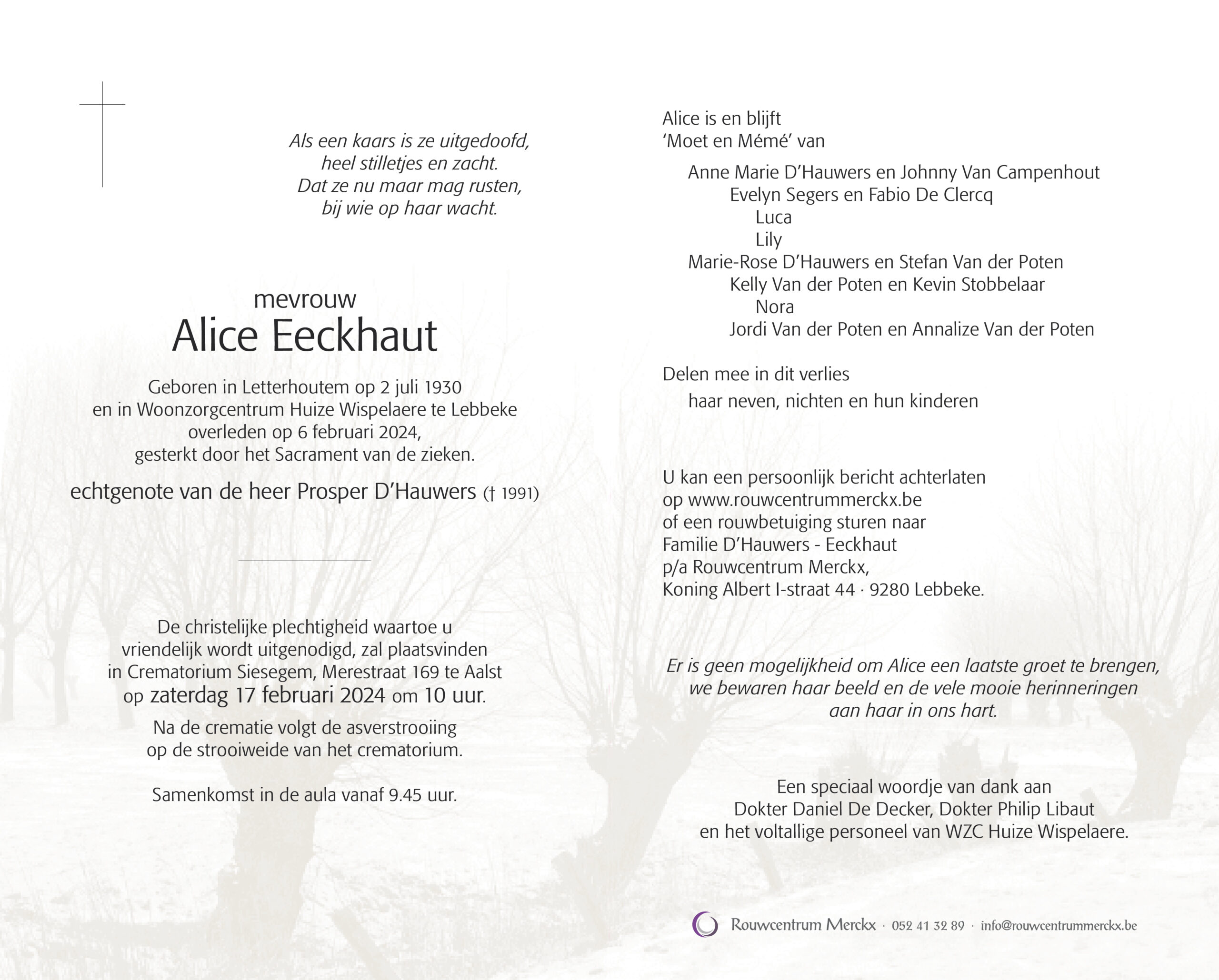 Eeckhaut Alice rouwbrief