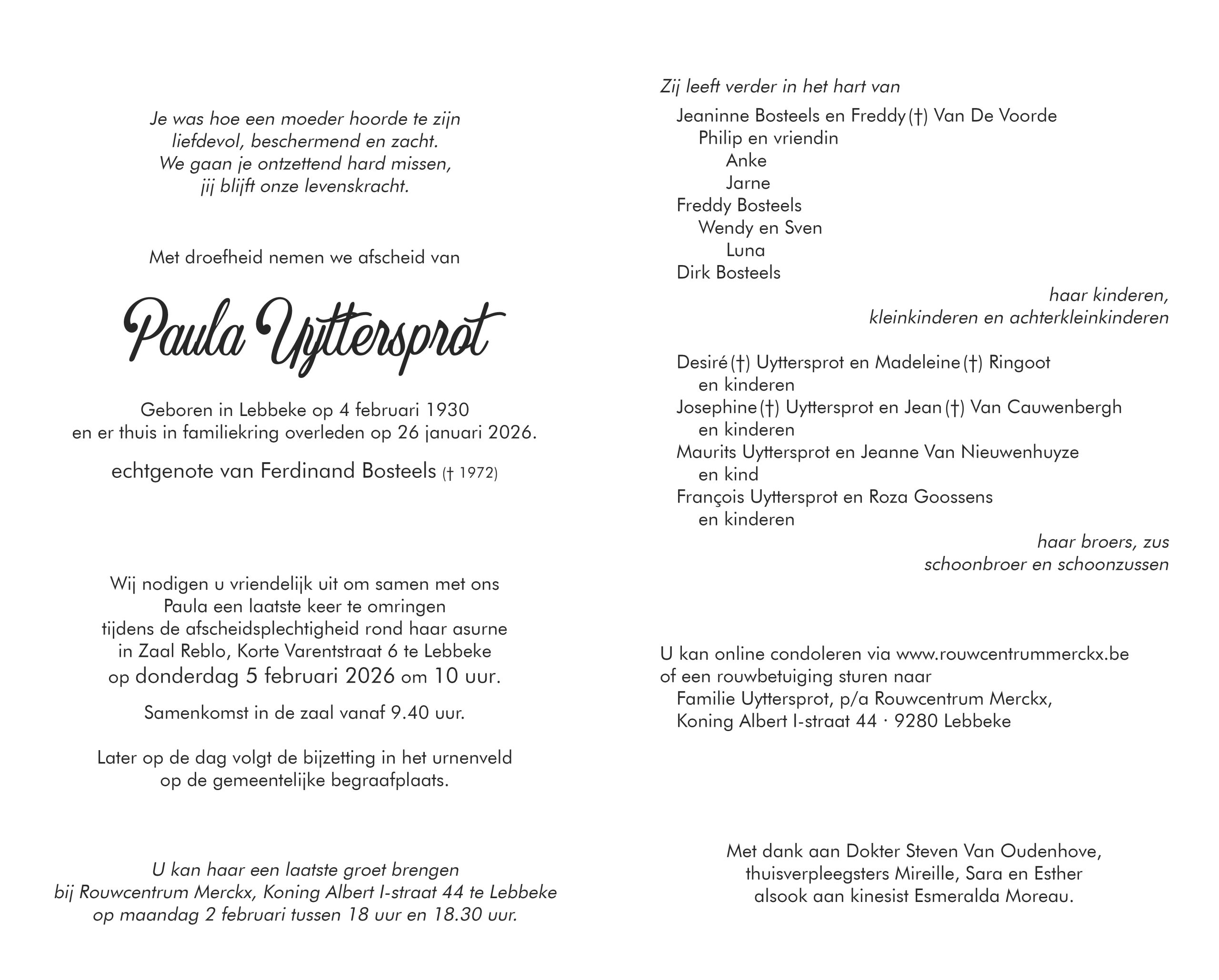 Uyttersprot Paula rouwbrief