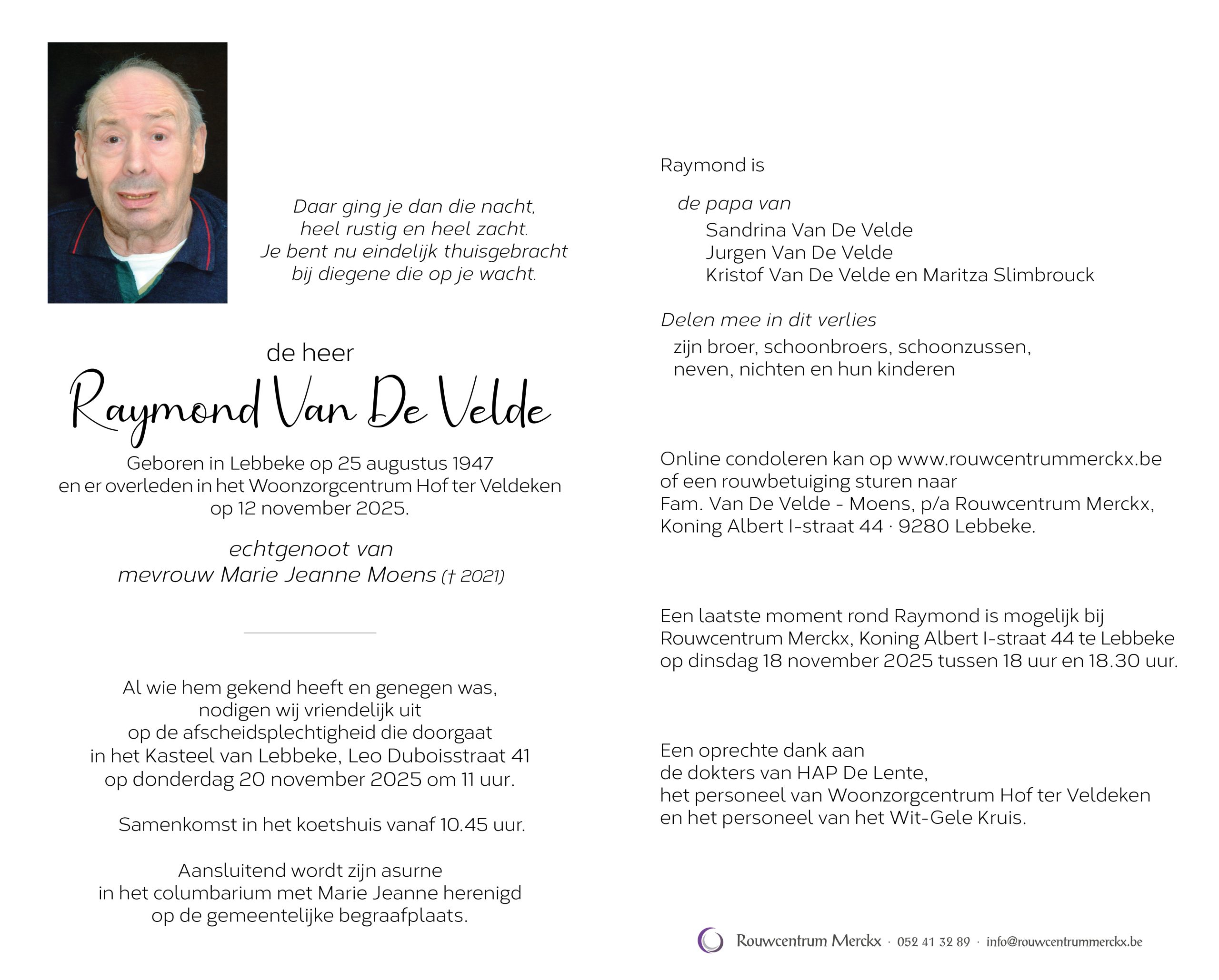 Van De Velde Raymond rouwbrief