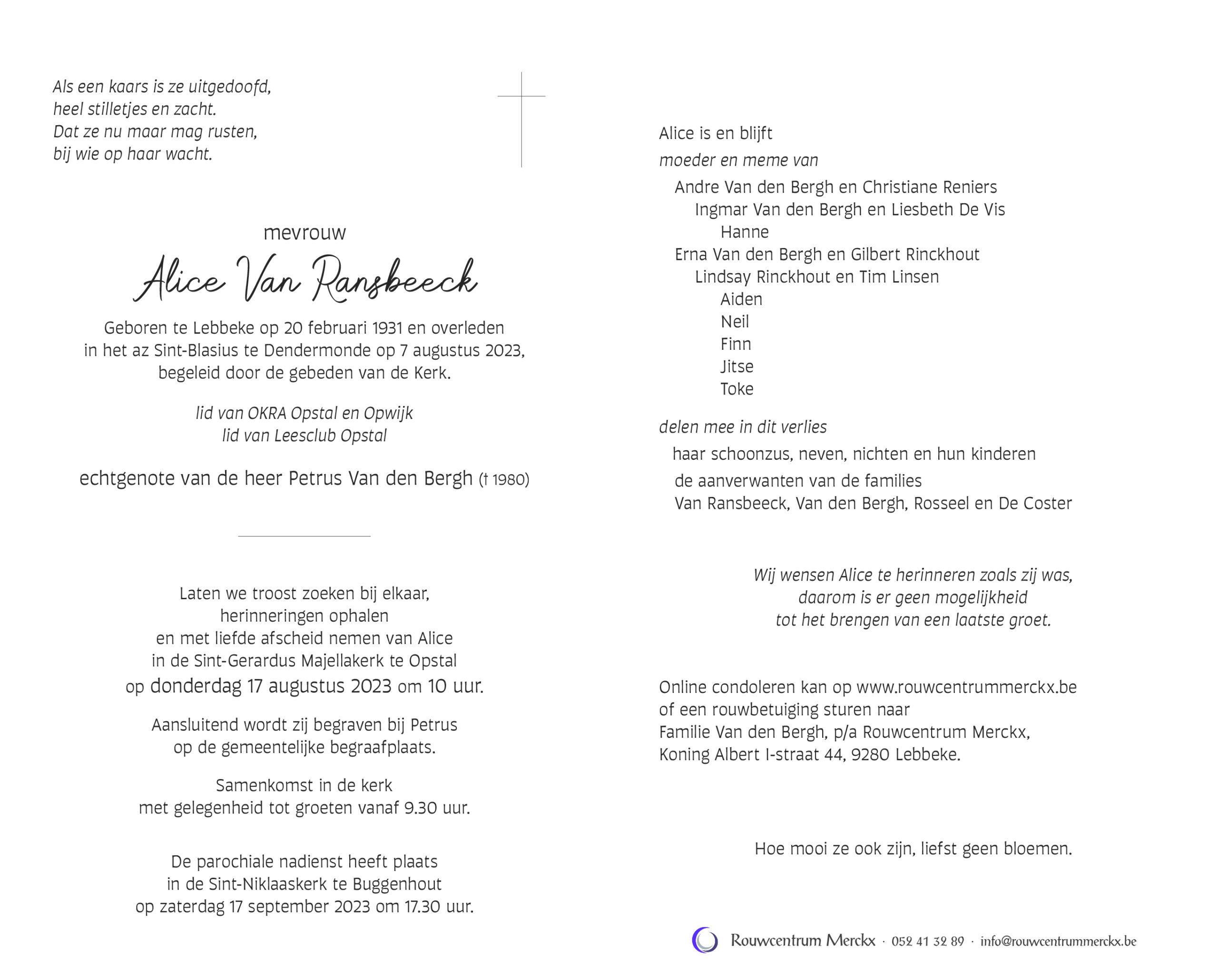 Van Ransbeeck Alice rouwbrief