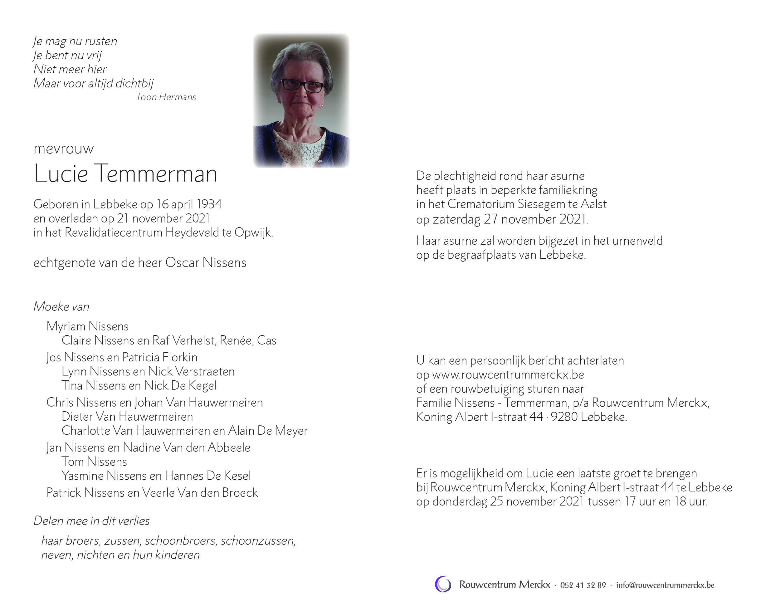 Lucie Temmerman rouwbrief