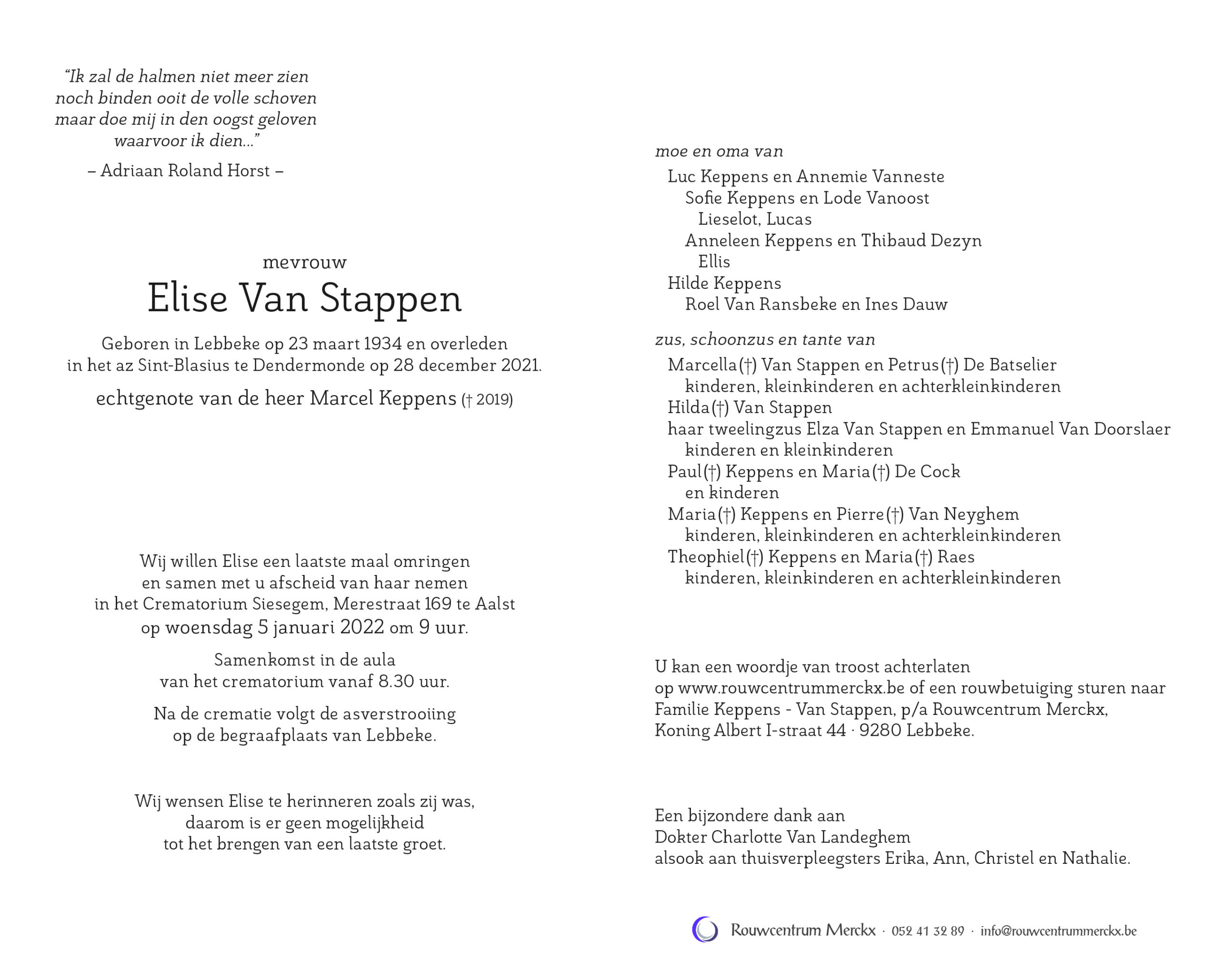 Elise Van Stappen2 rouwbrief