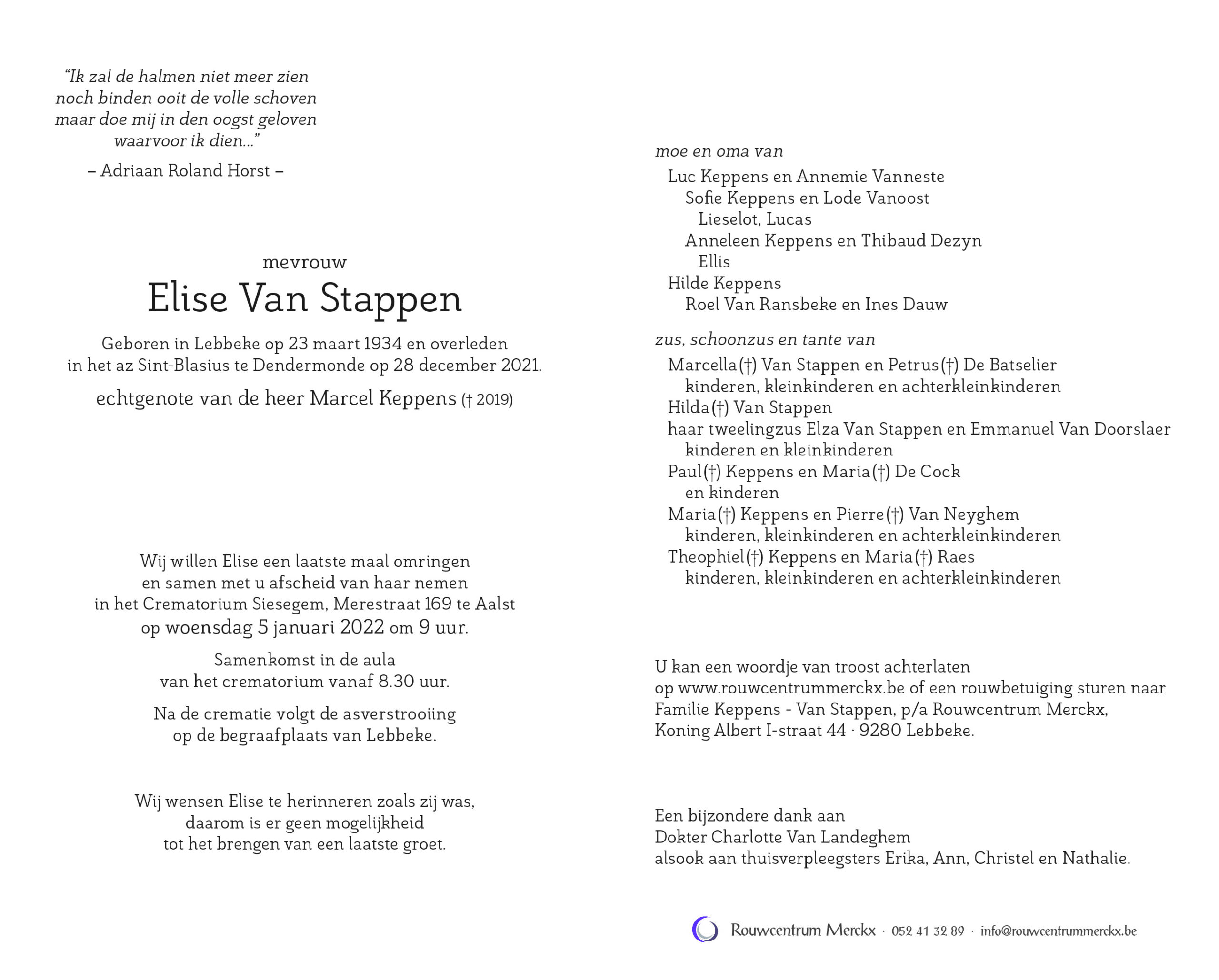 Elise Van Stappen2 rouwbrief
