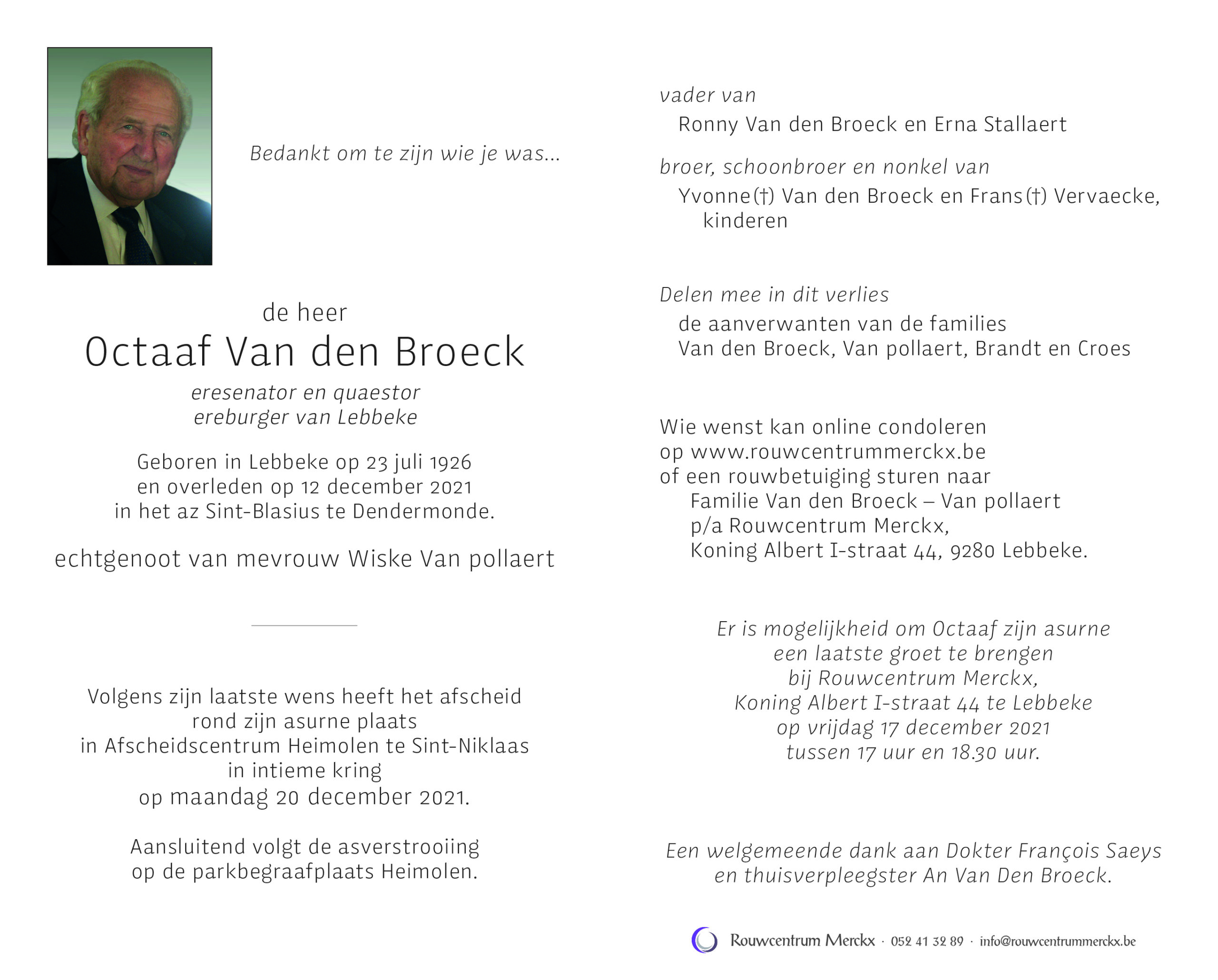 Van den Broeck Octaaf rouwbrief