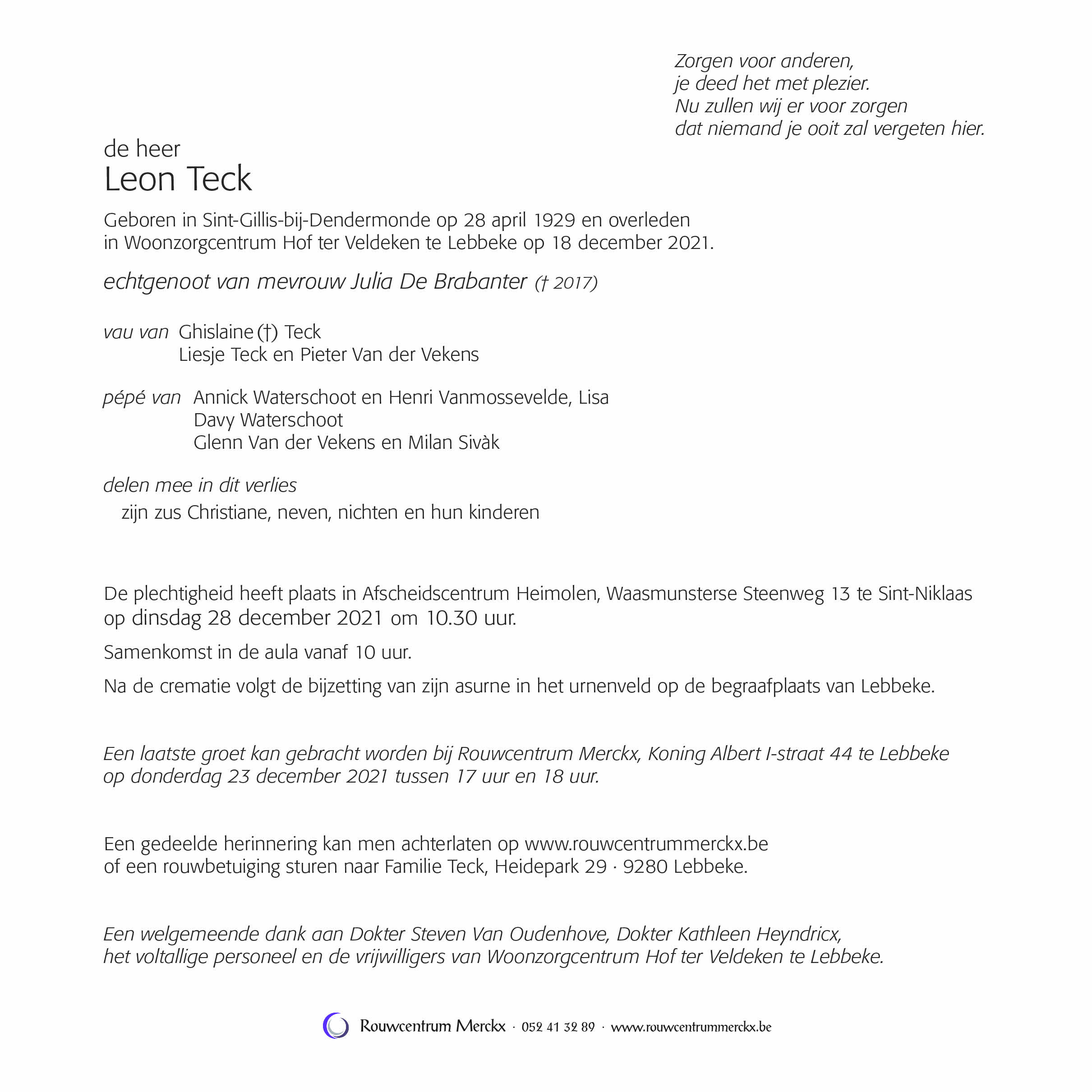 Leon Teck rouwbrief