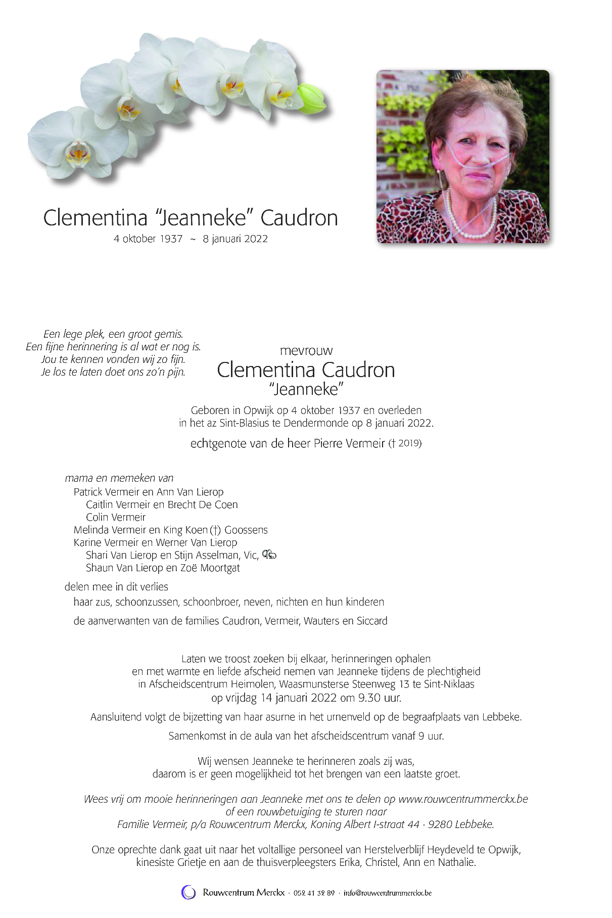 Clementina Caudron rouwbrief
