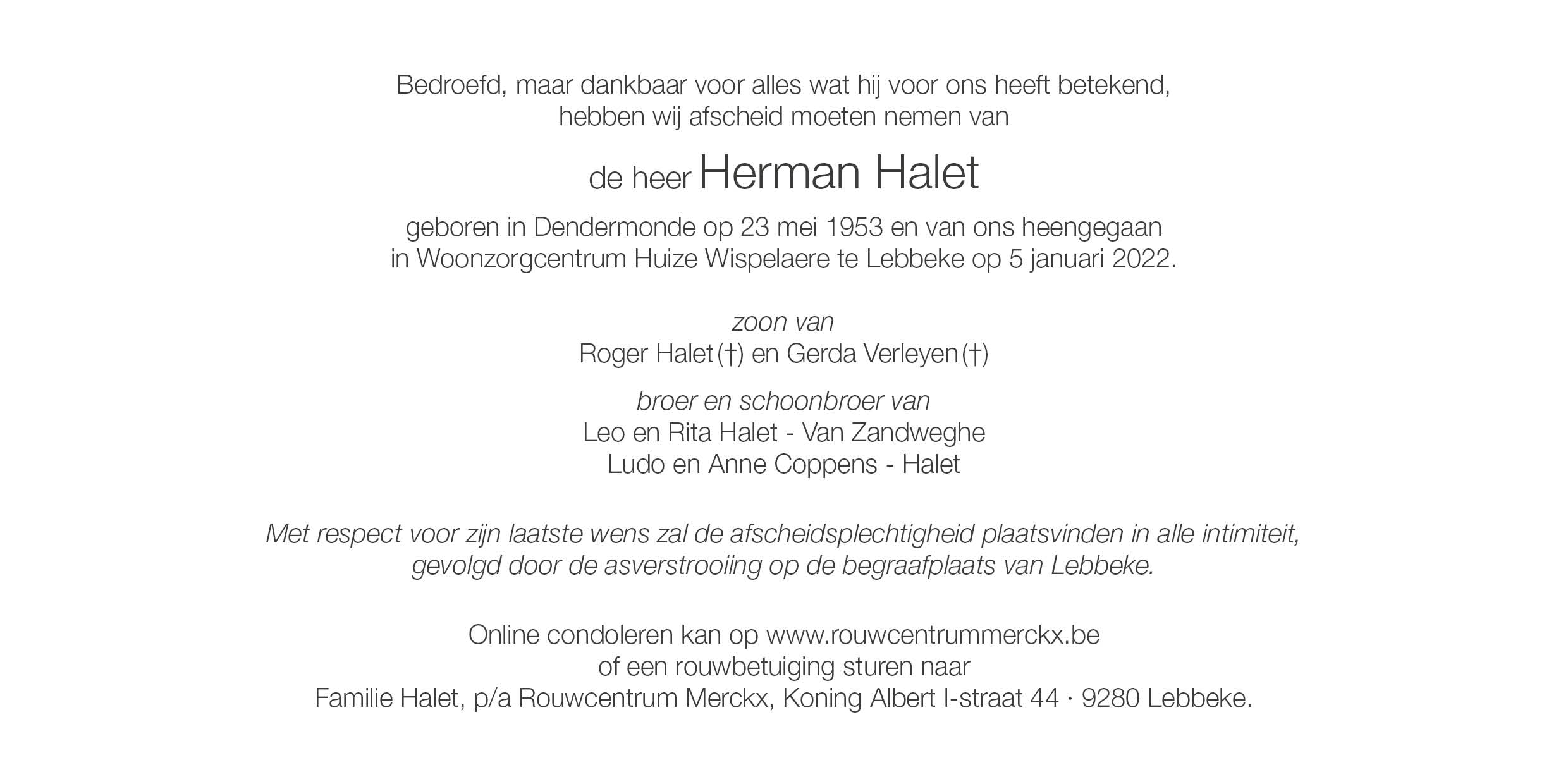 Halet Herman rouwbrief