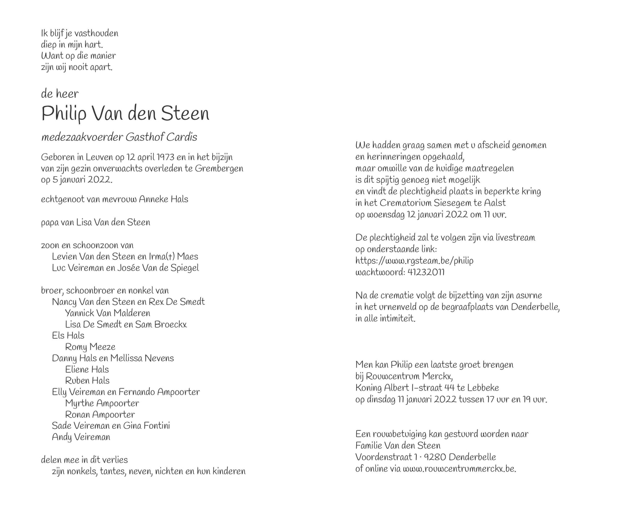 Philip Van den Steen rouwbrief