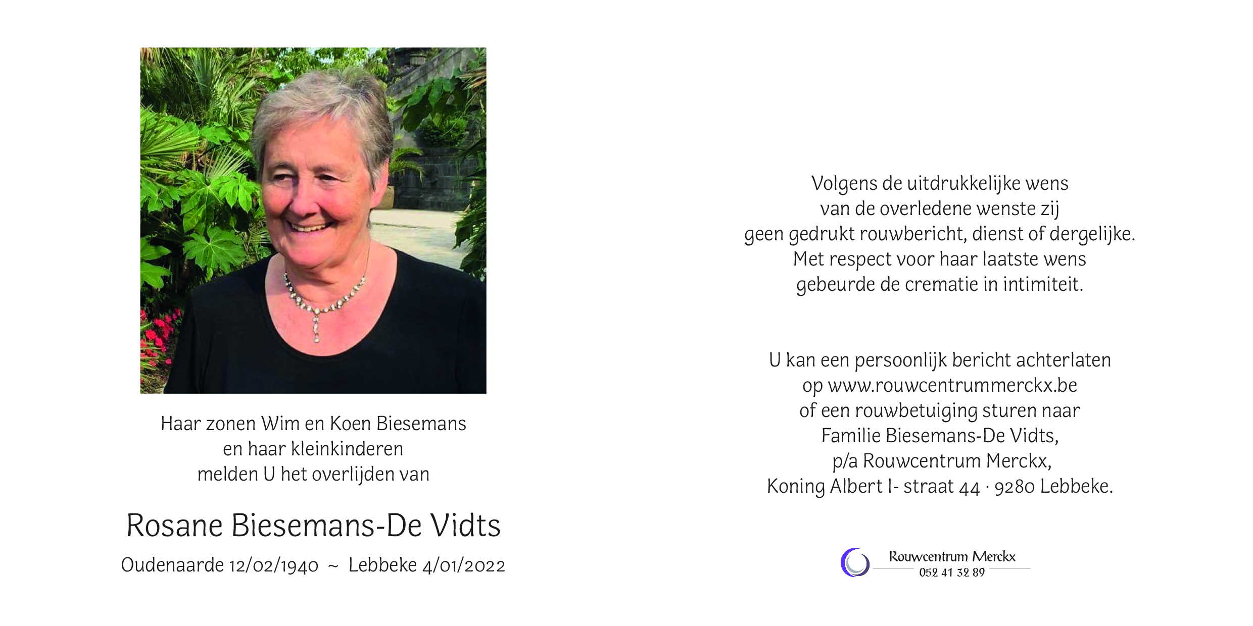 Rosane De Vidts rouwbrief