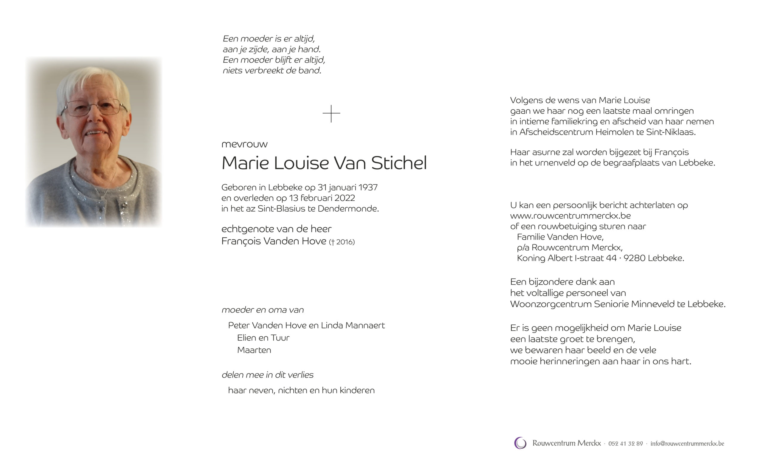 Marie Louise Van Stichel rouwbrief