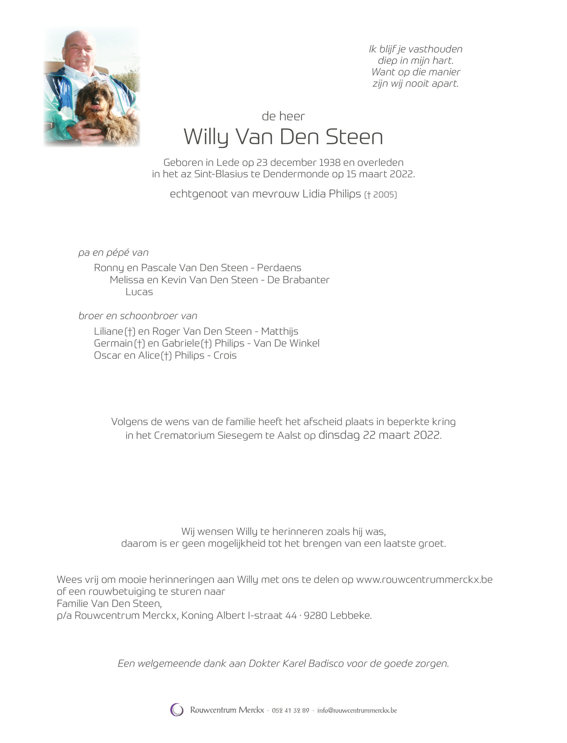 Van Den Steen Willy rouwbrief