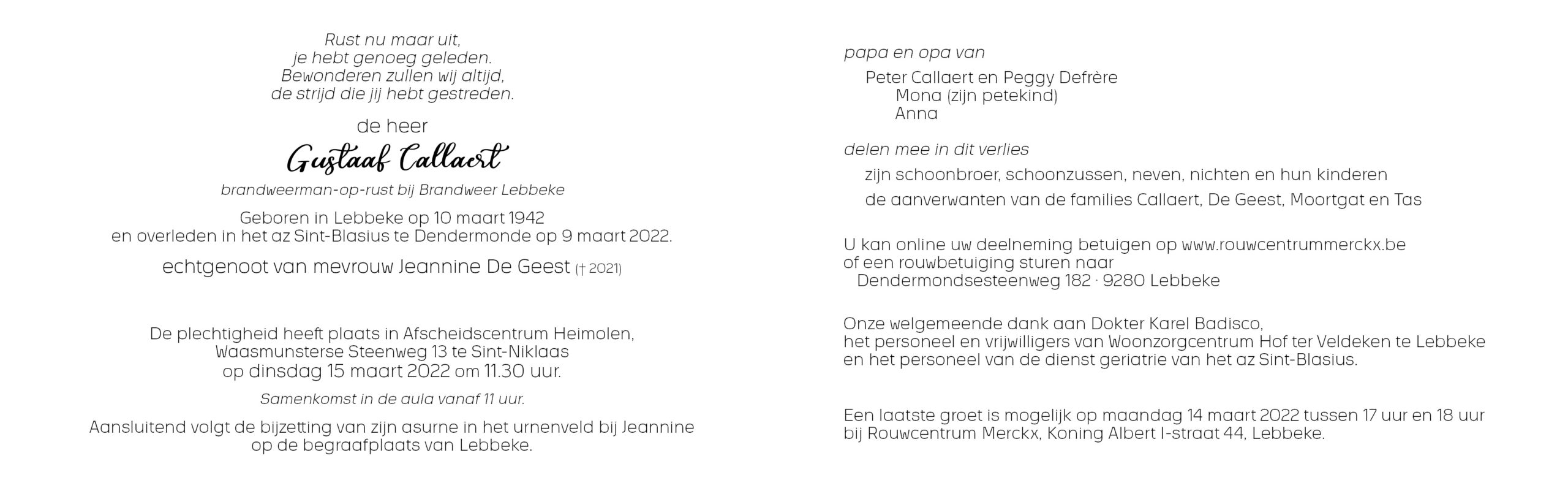 Callaert Gustaaf rouwbrief