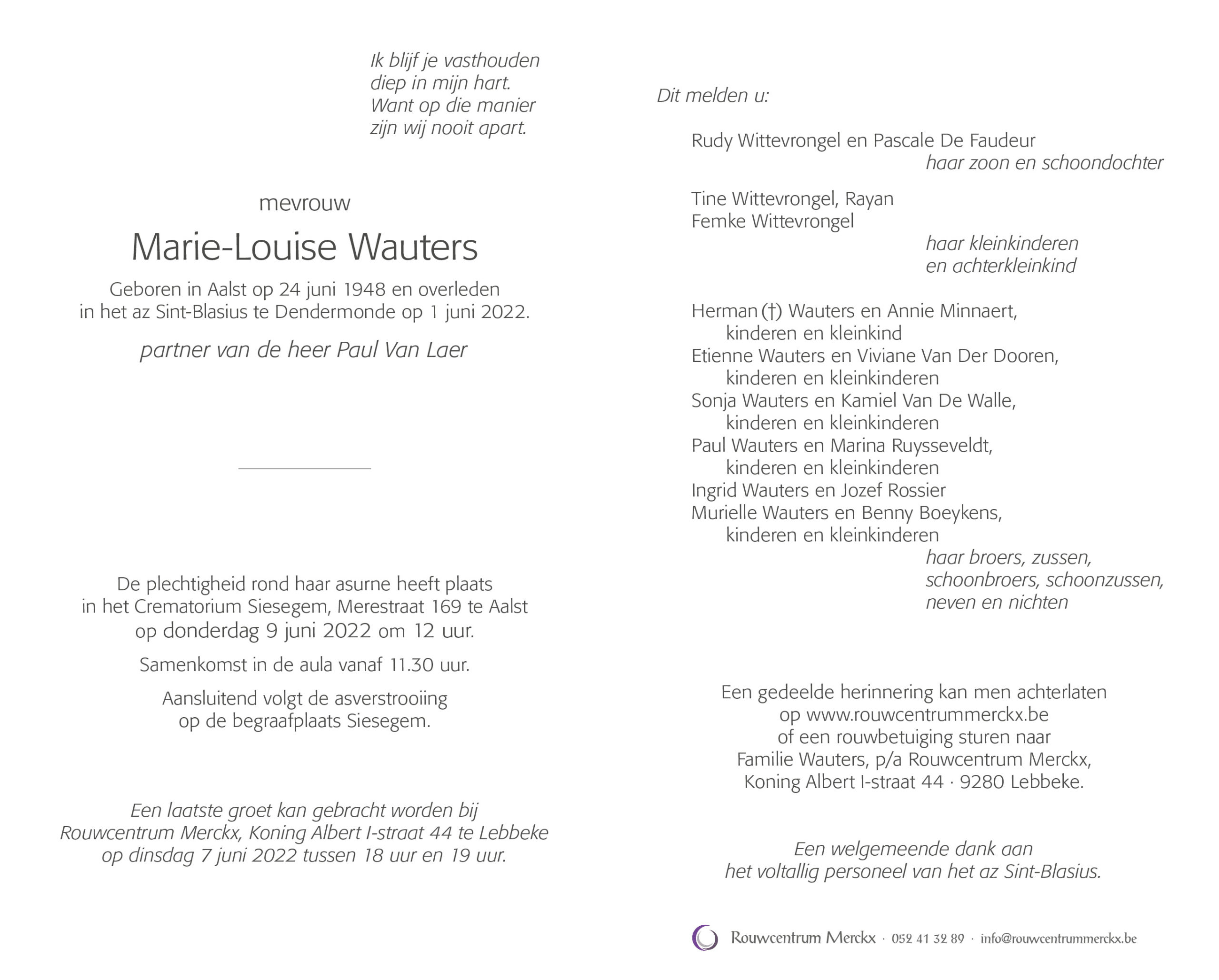 rouwbrief Wauters Marie-Louise