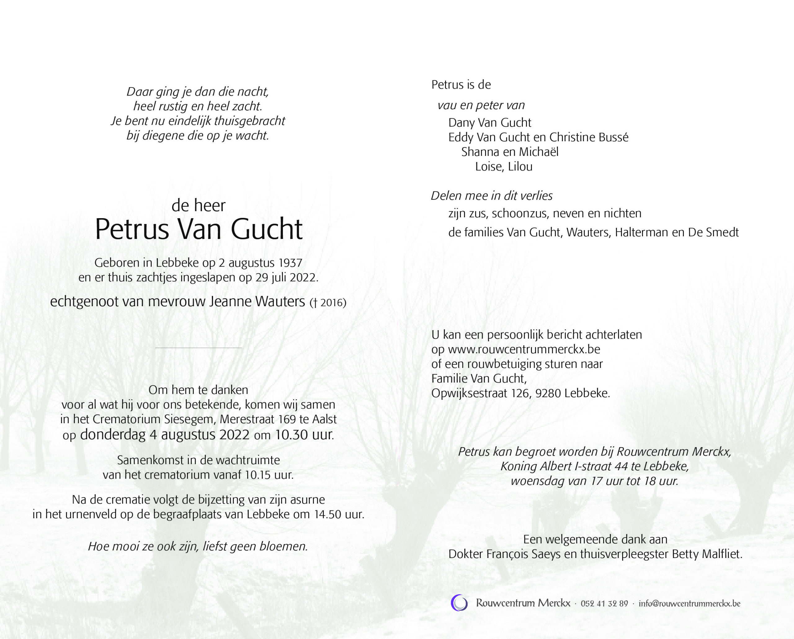 rouwbrief Van Gucht Petrus