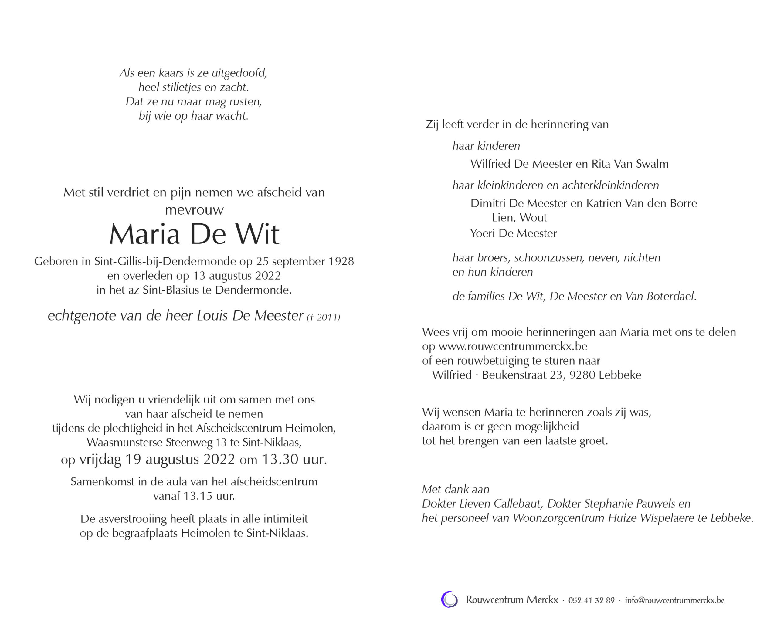 rouwbrief De Wit Maria