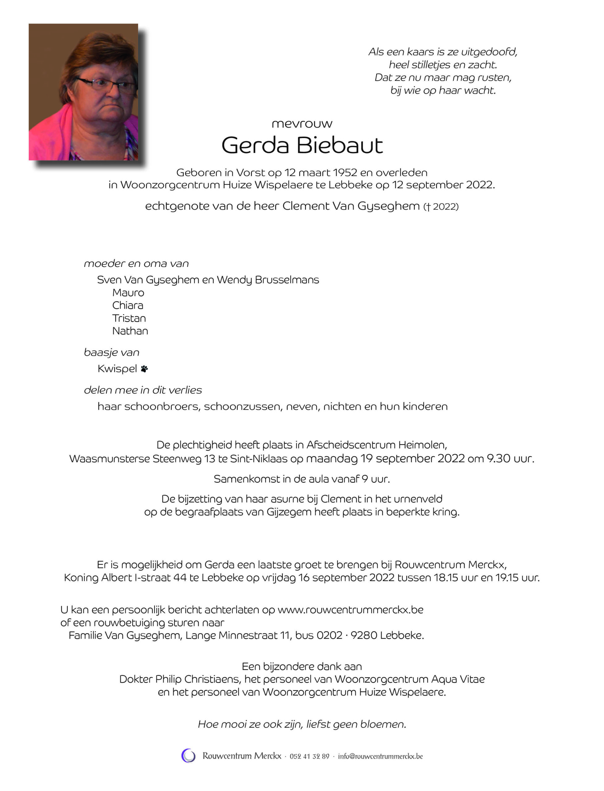 rouwbrief Biebaut Gerda