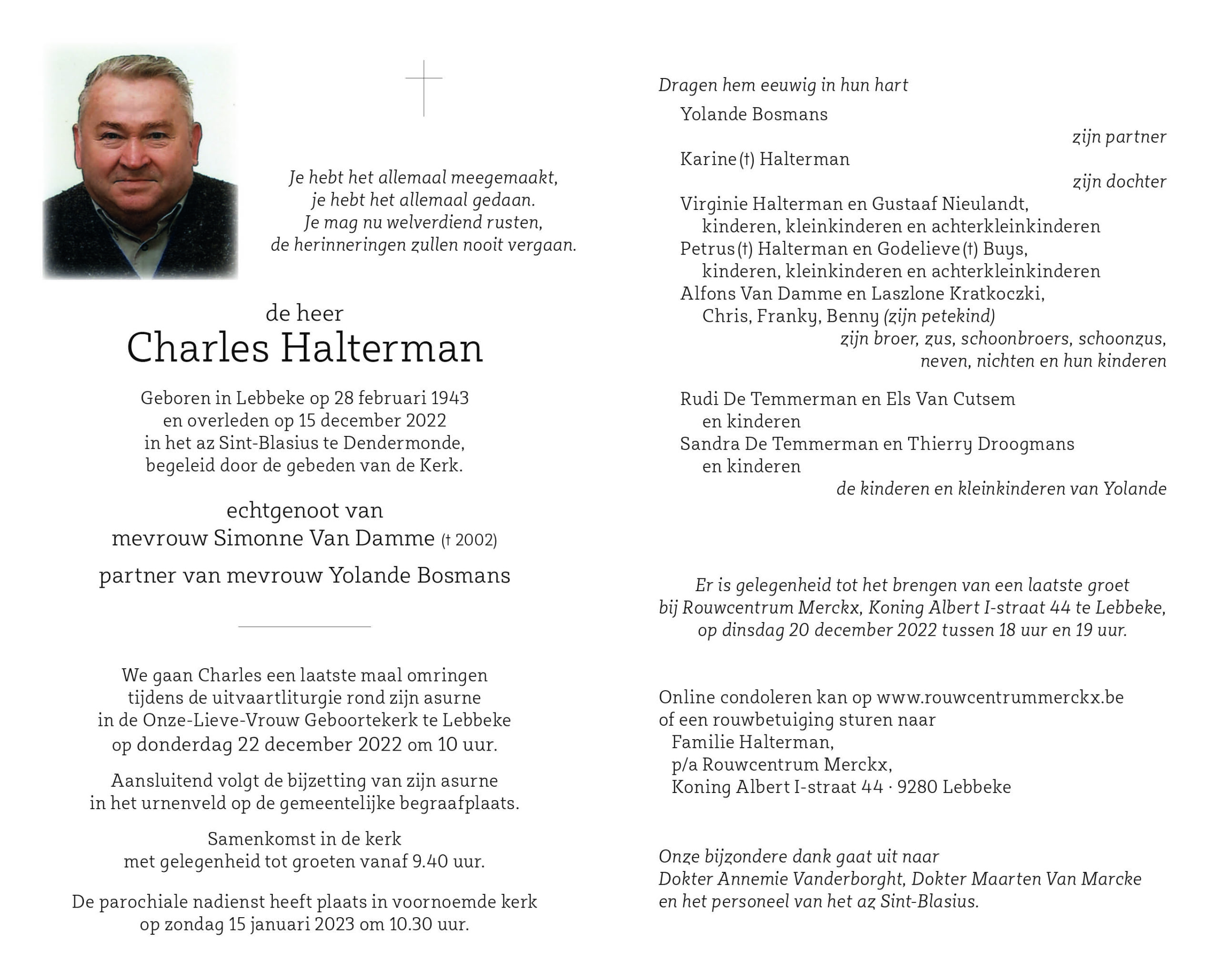 rouwbrief Halterman Charles