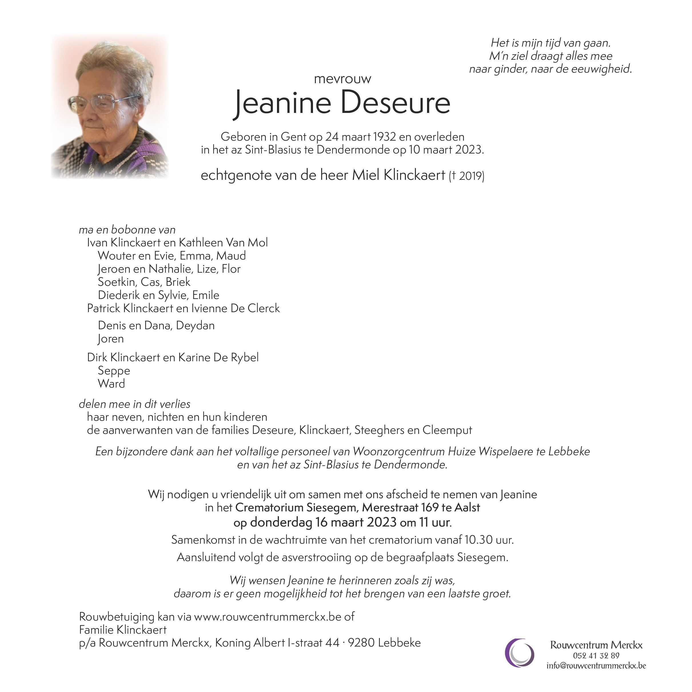 Deseure Jeanine rouwbrief