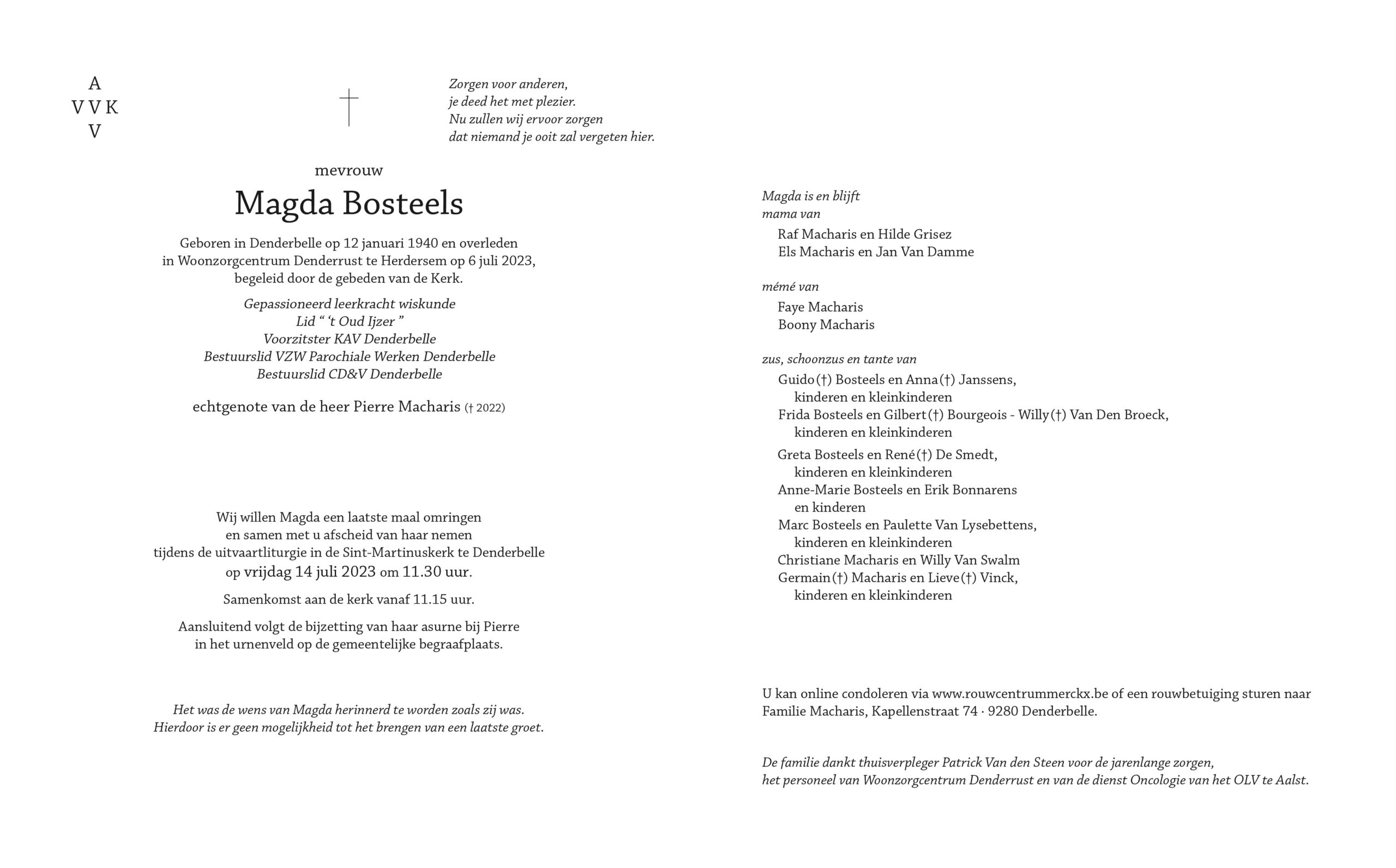 Bosteels Magda rouwbrief