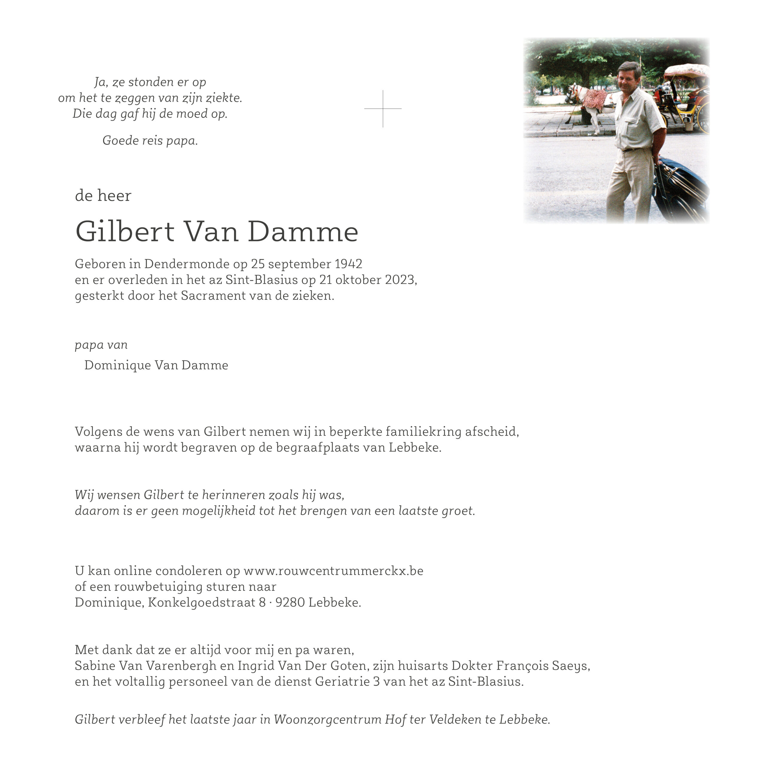 Van Damme Gilbert rouwbrief