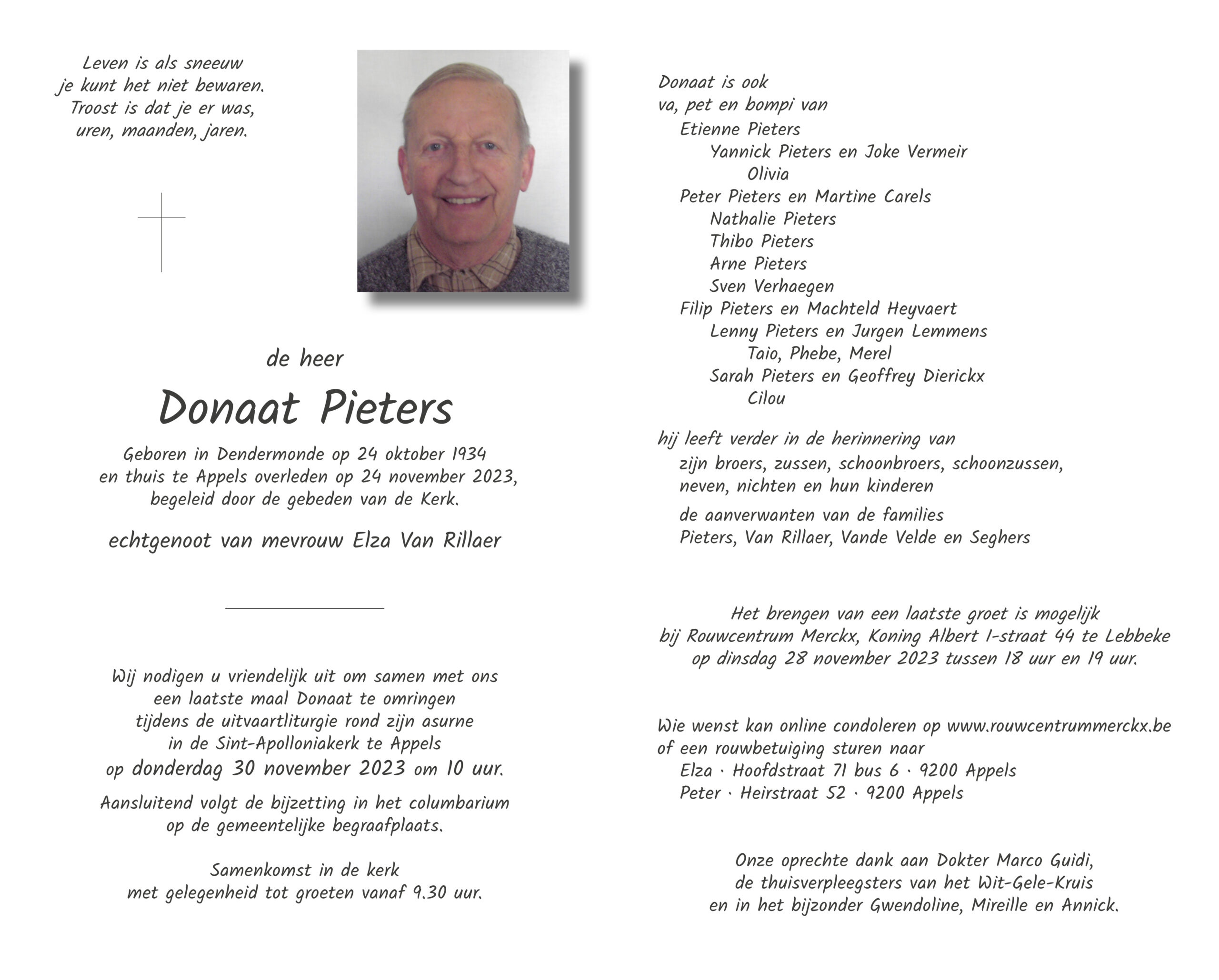 Pieters Donaat rouwbrief