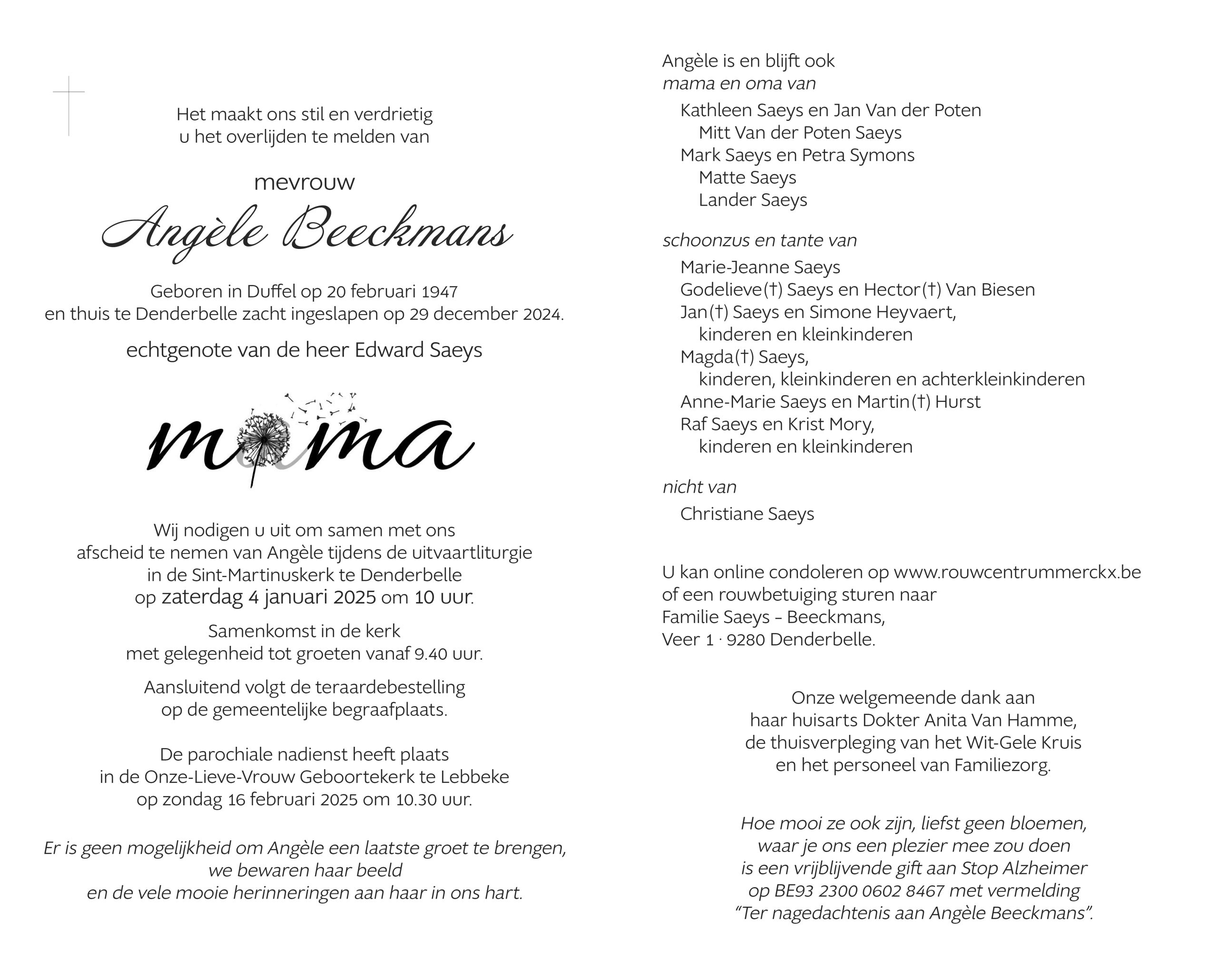 Beeckmans Angèle rouwbrief