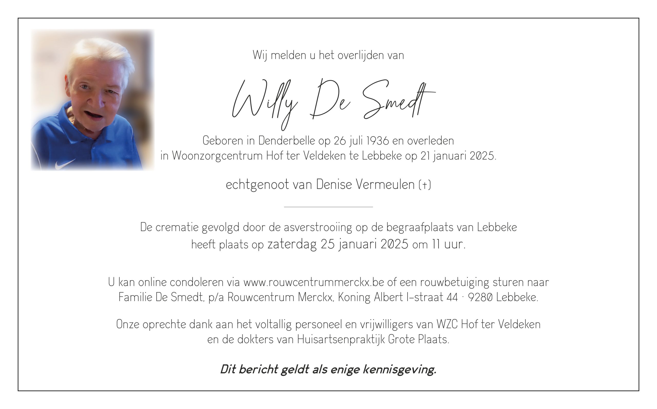 De Smedt Willy rouwbrief