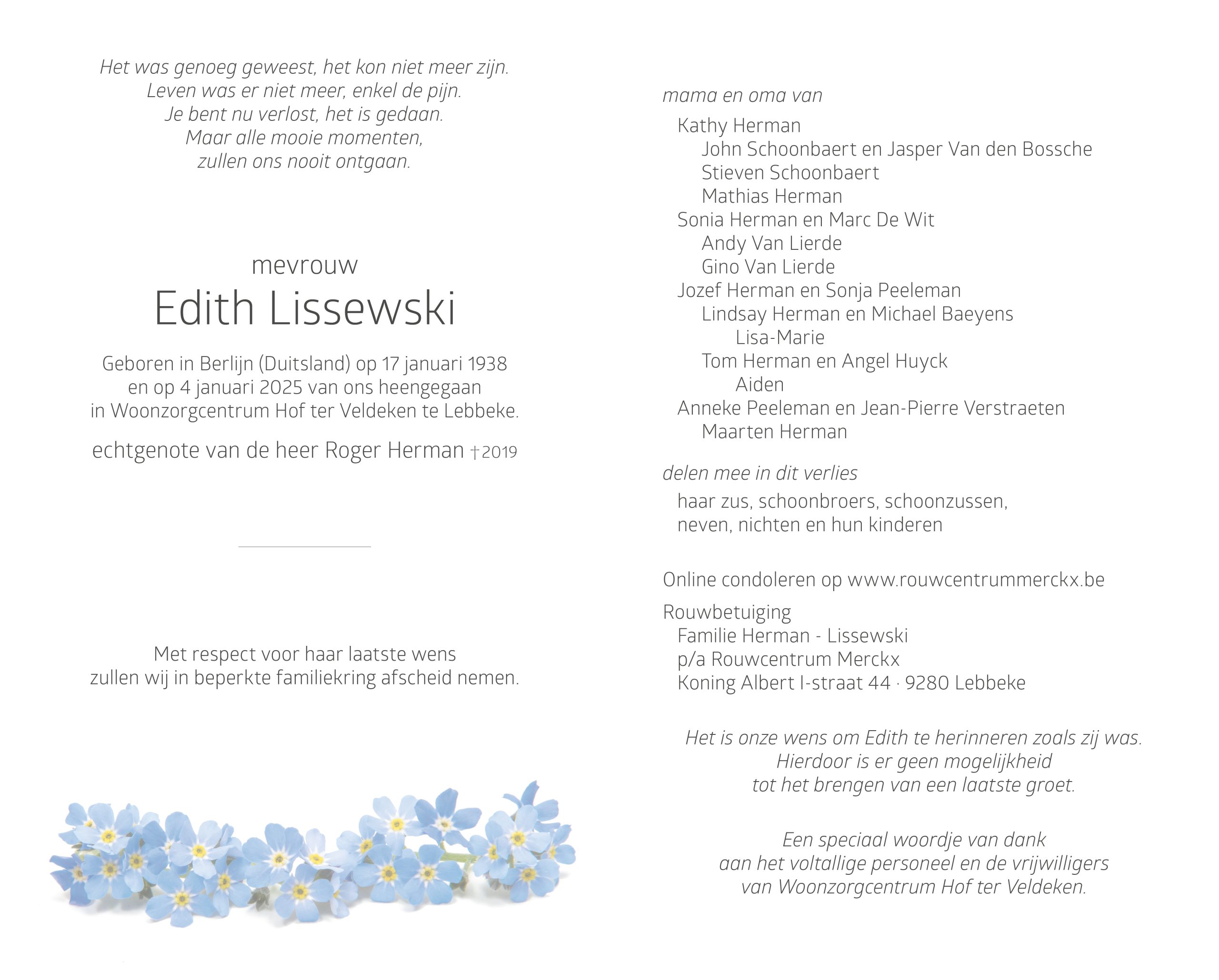 Lissewski Edith rouwbrief