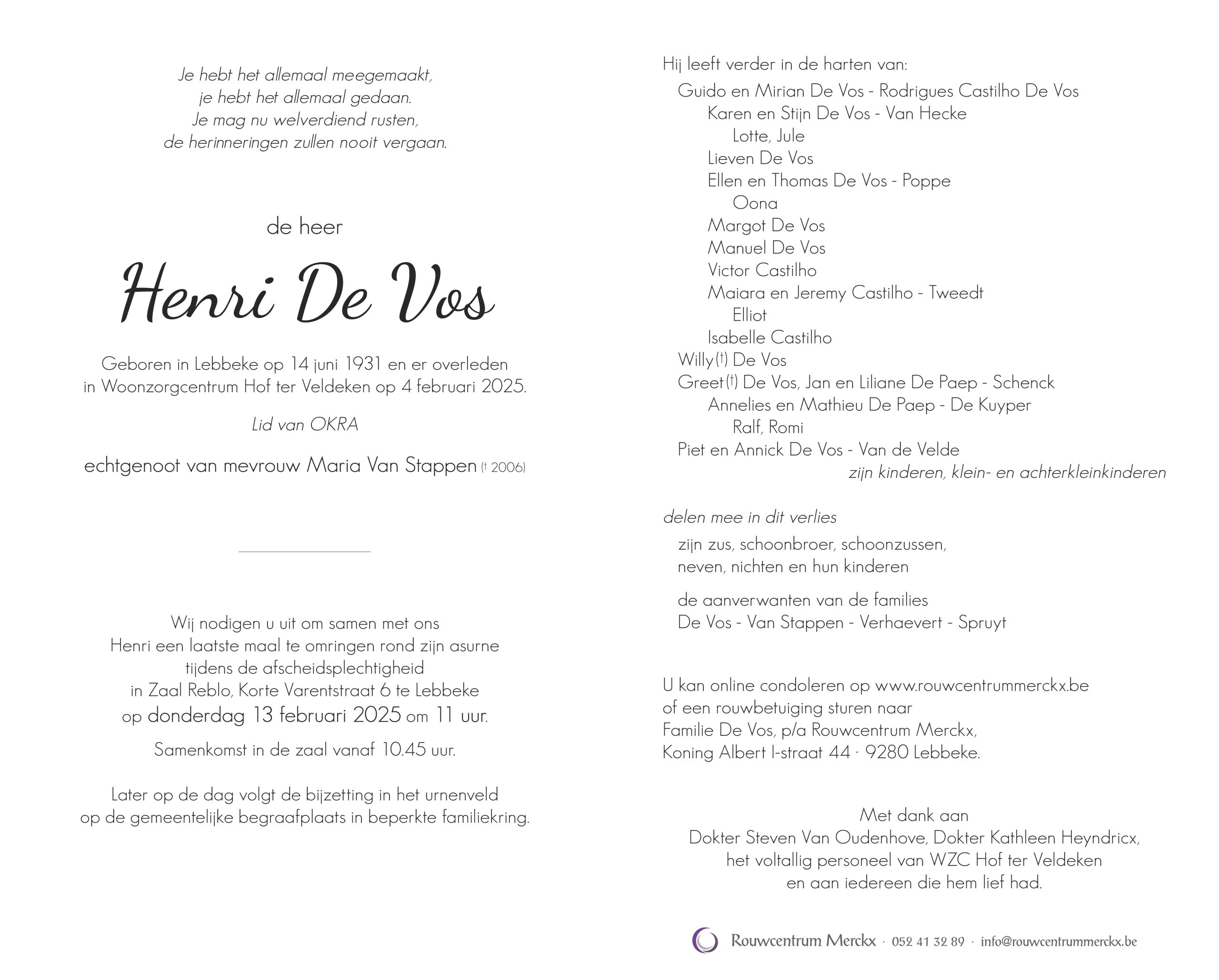 De Vos Henri rouwbrief