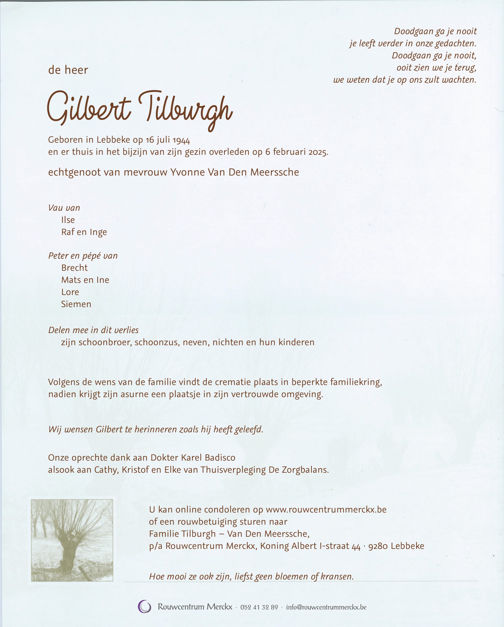 Tilburgh Gilbert rouwbrief