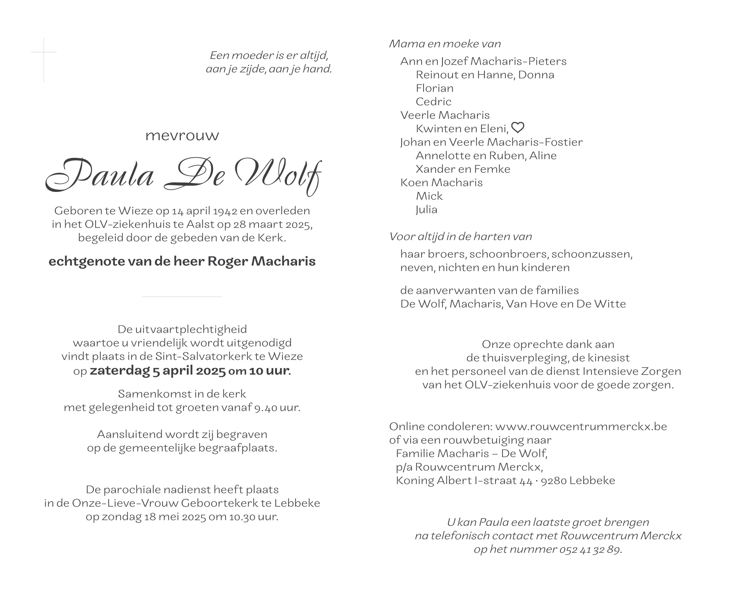 De Wolf Paula rouwbrief