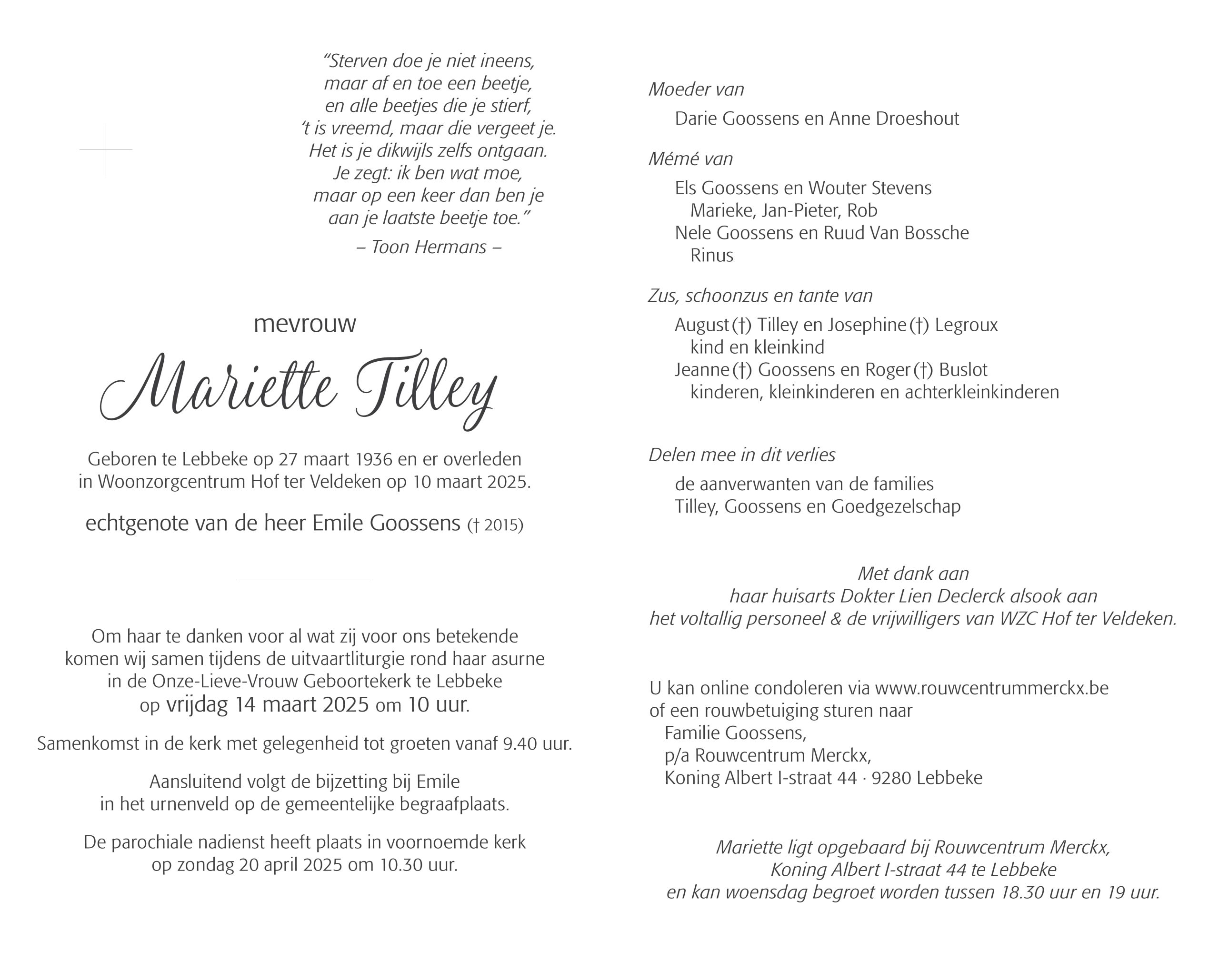 Tilley Mariette rouwbrief