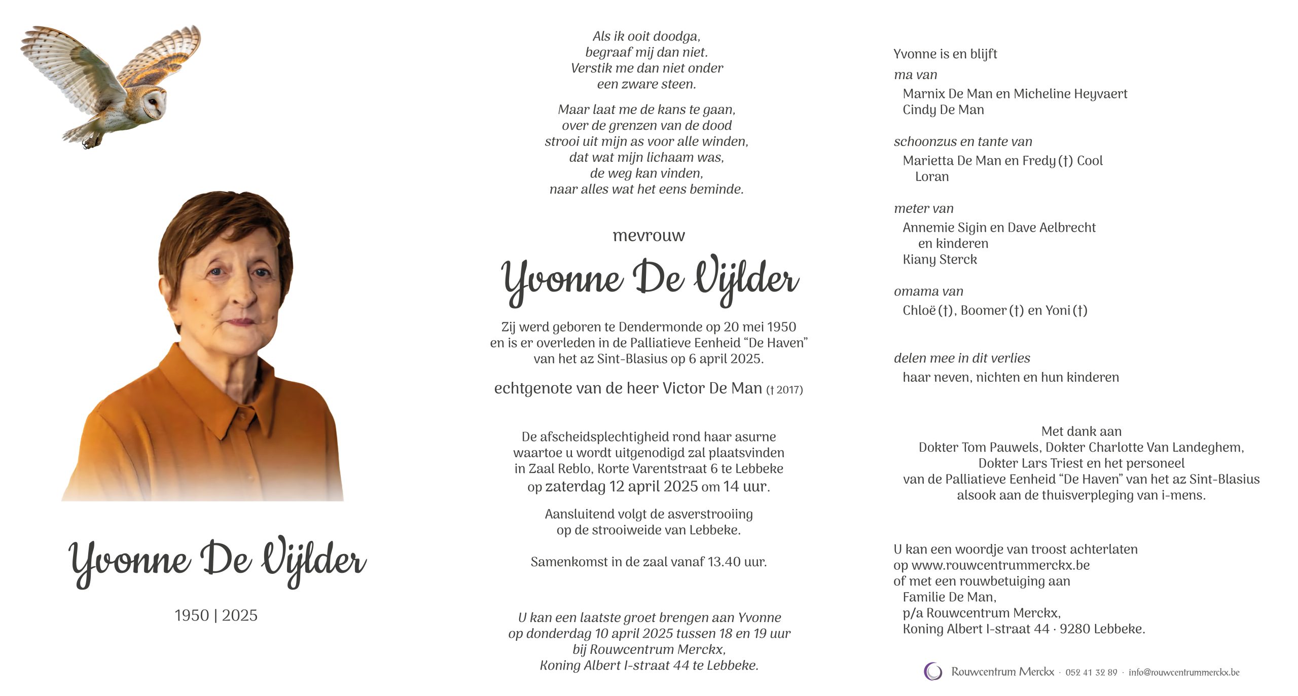 De Vijlder Yvonne rouwbrief