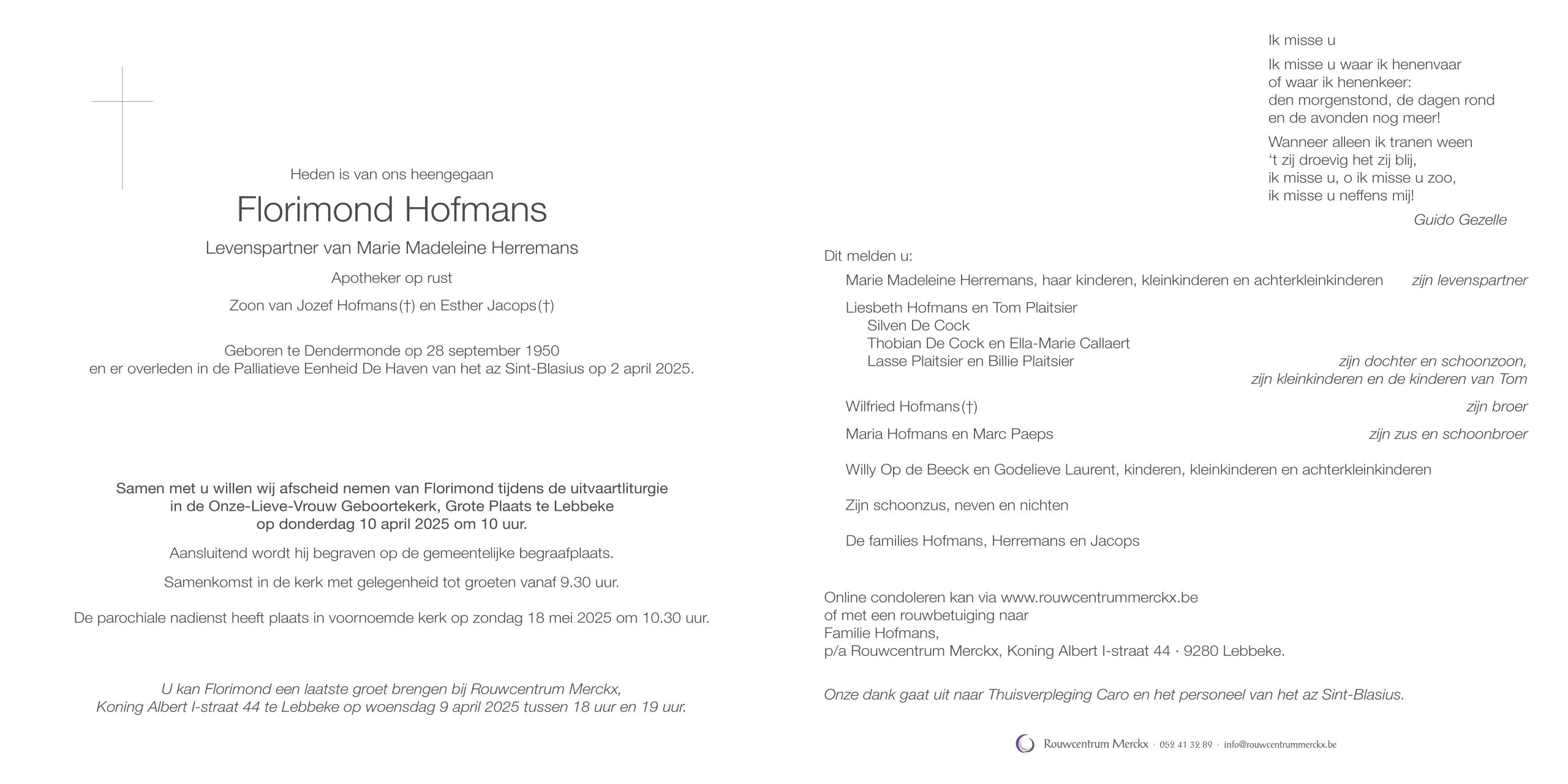 Hofmans Florimond rouwbrief