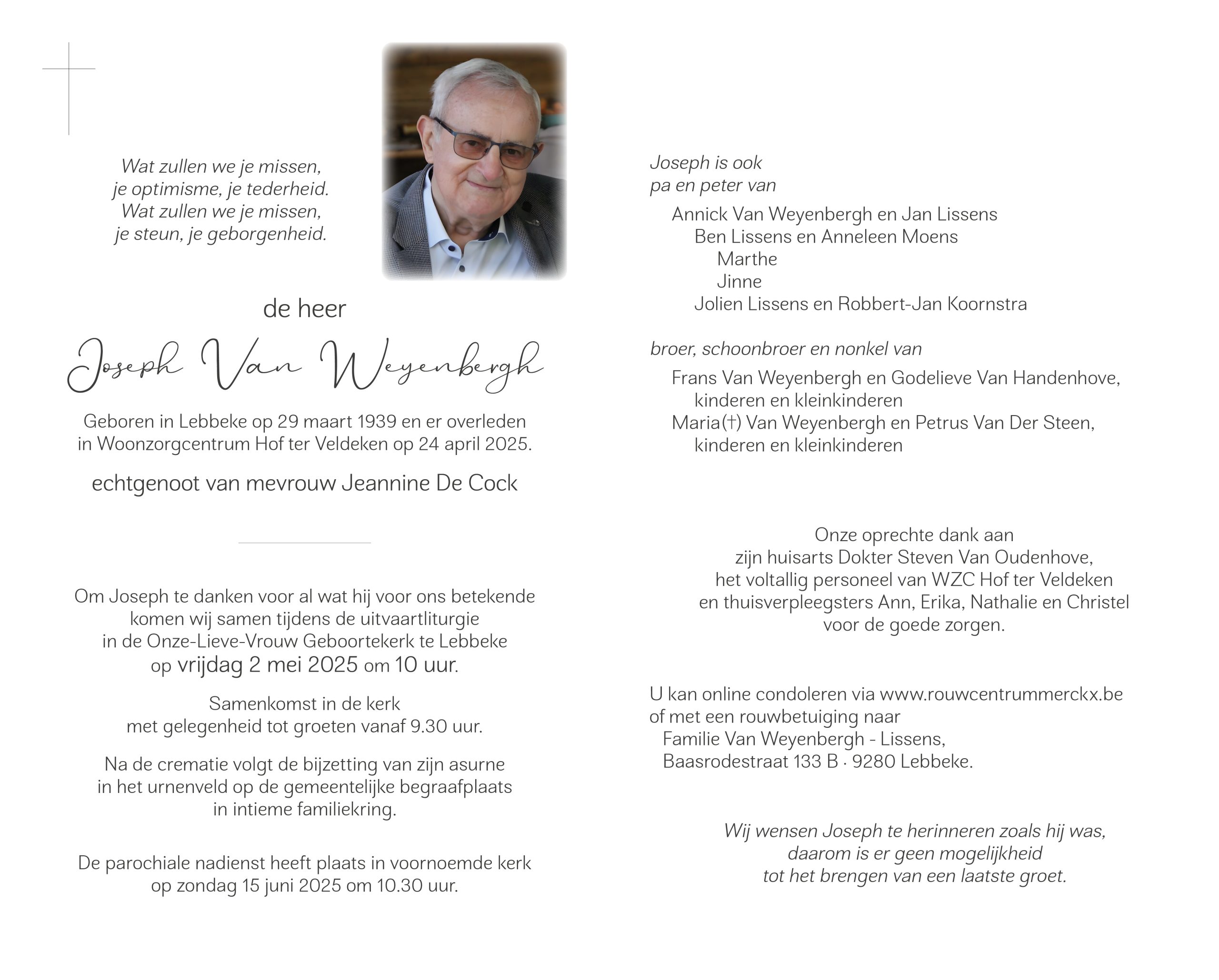 Van Weyenbergh Joseph rouwbrief
