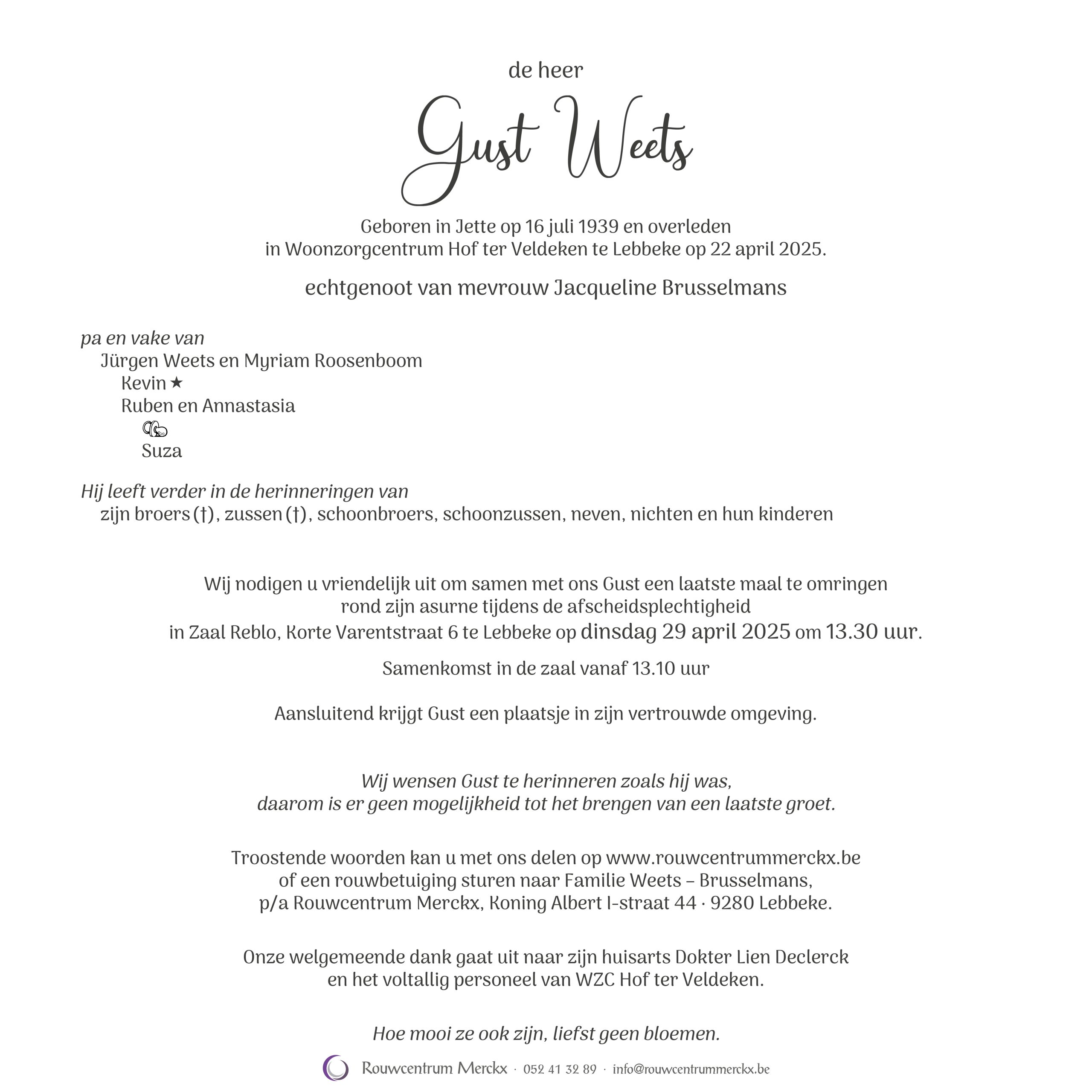 Weets Gust rouwbrief