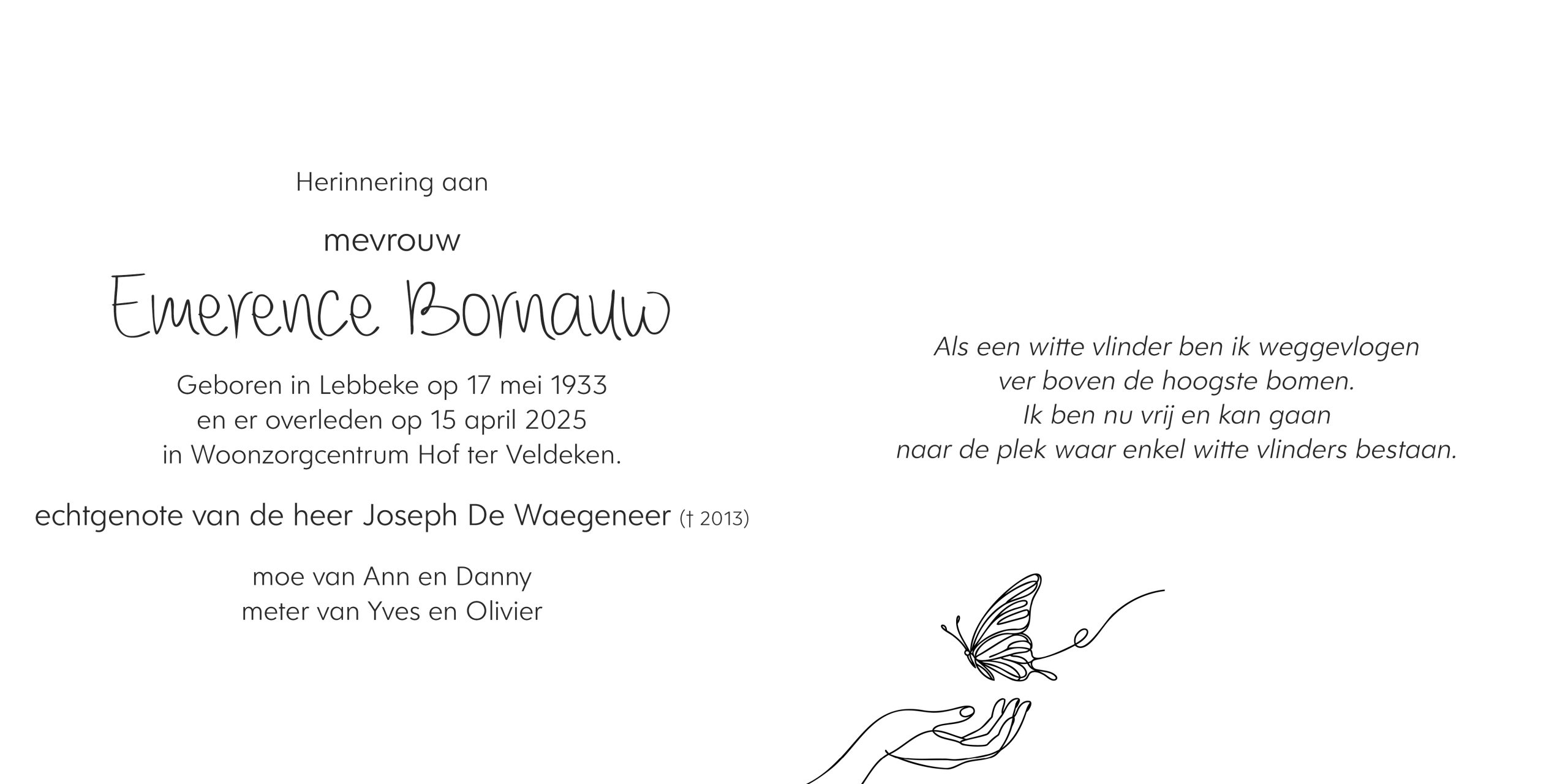 Bornauw Emerence rouwprentje