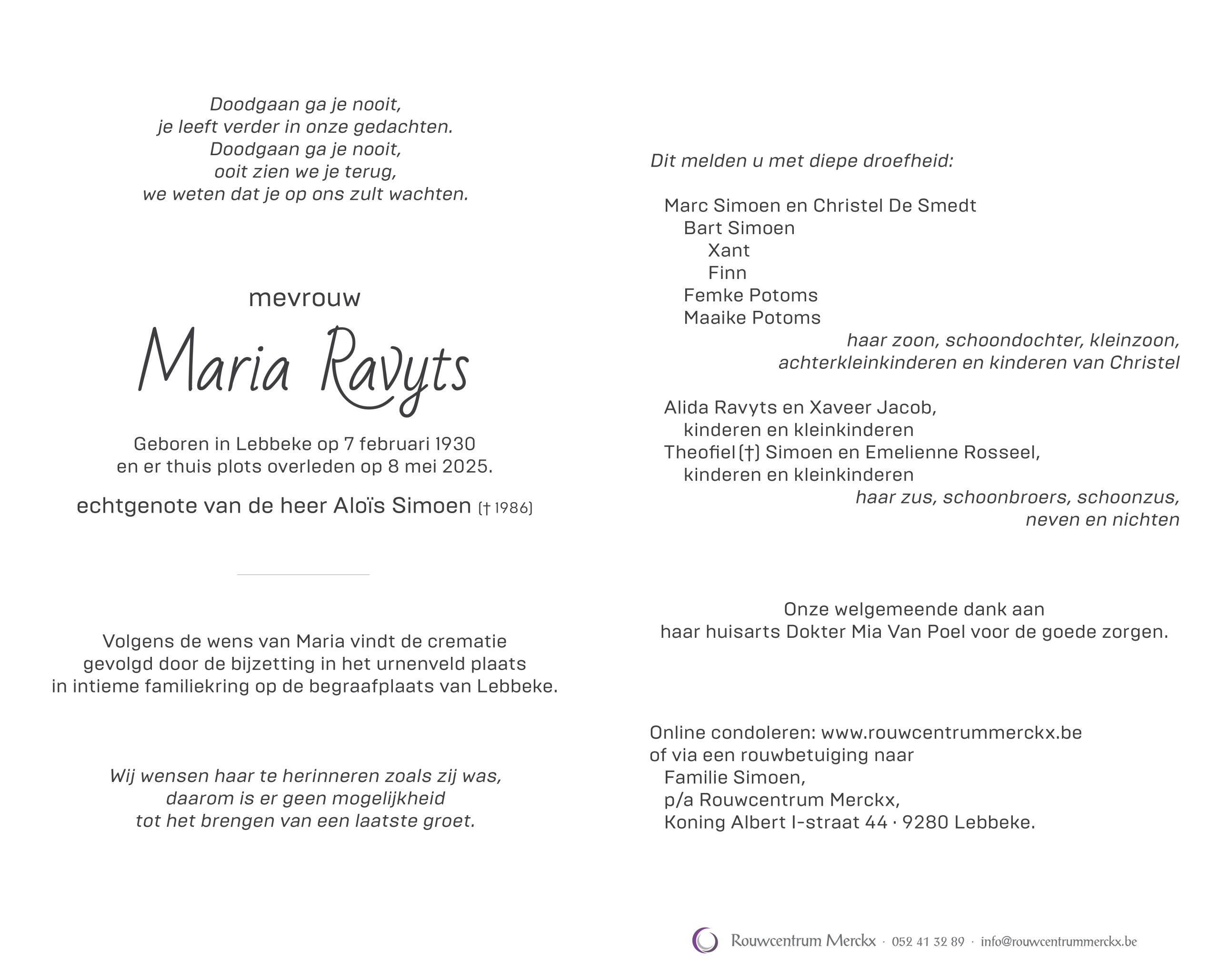 Ravyts Maria rouwbrief