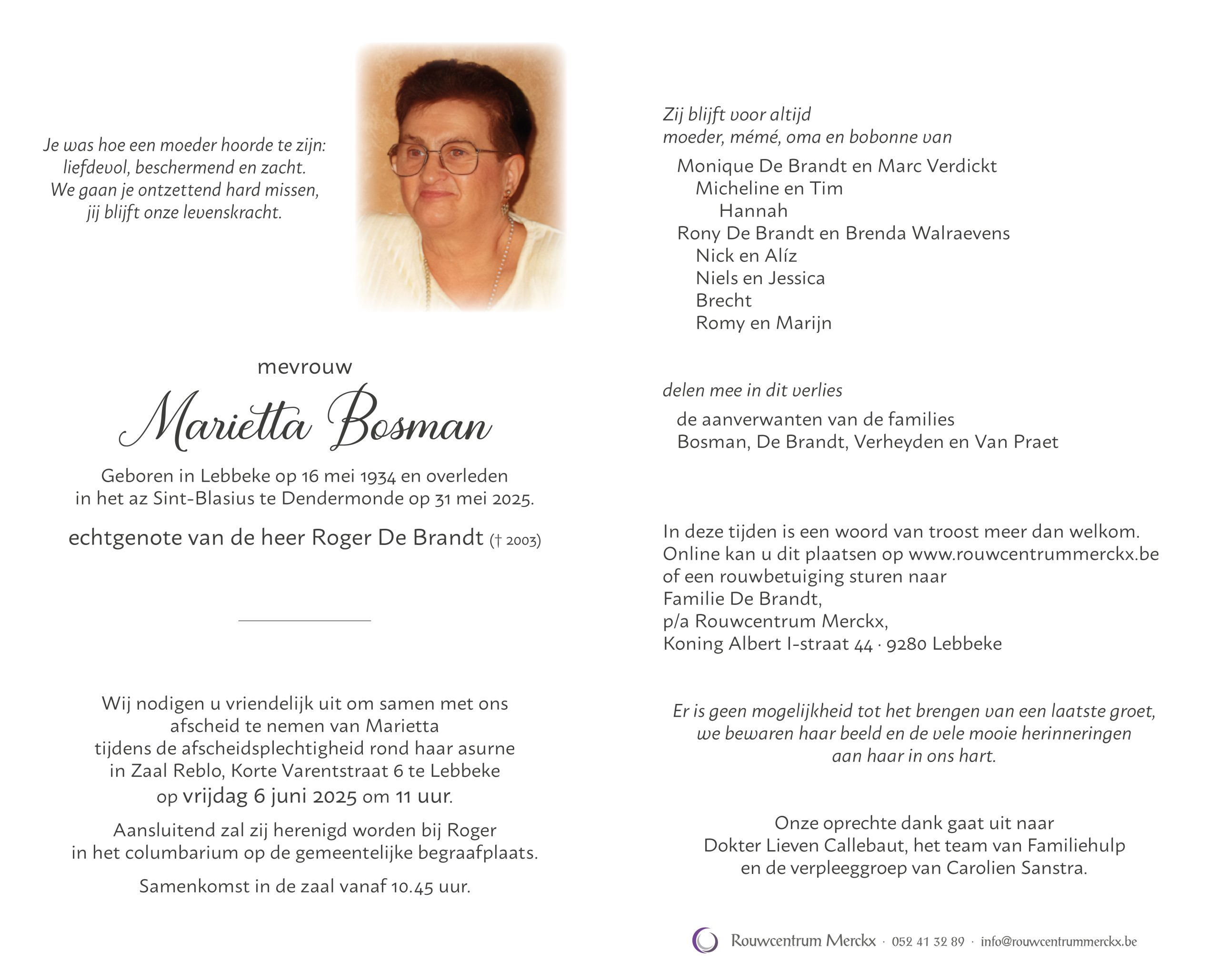 Bosman Marietta rouwbrief