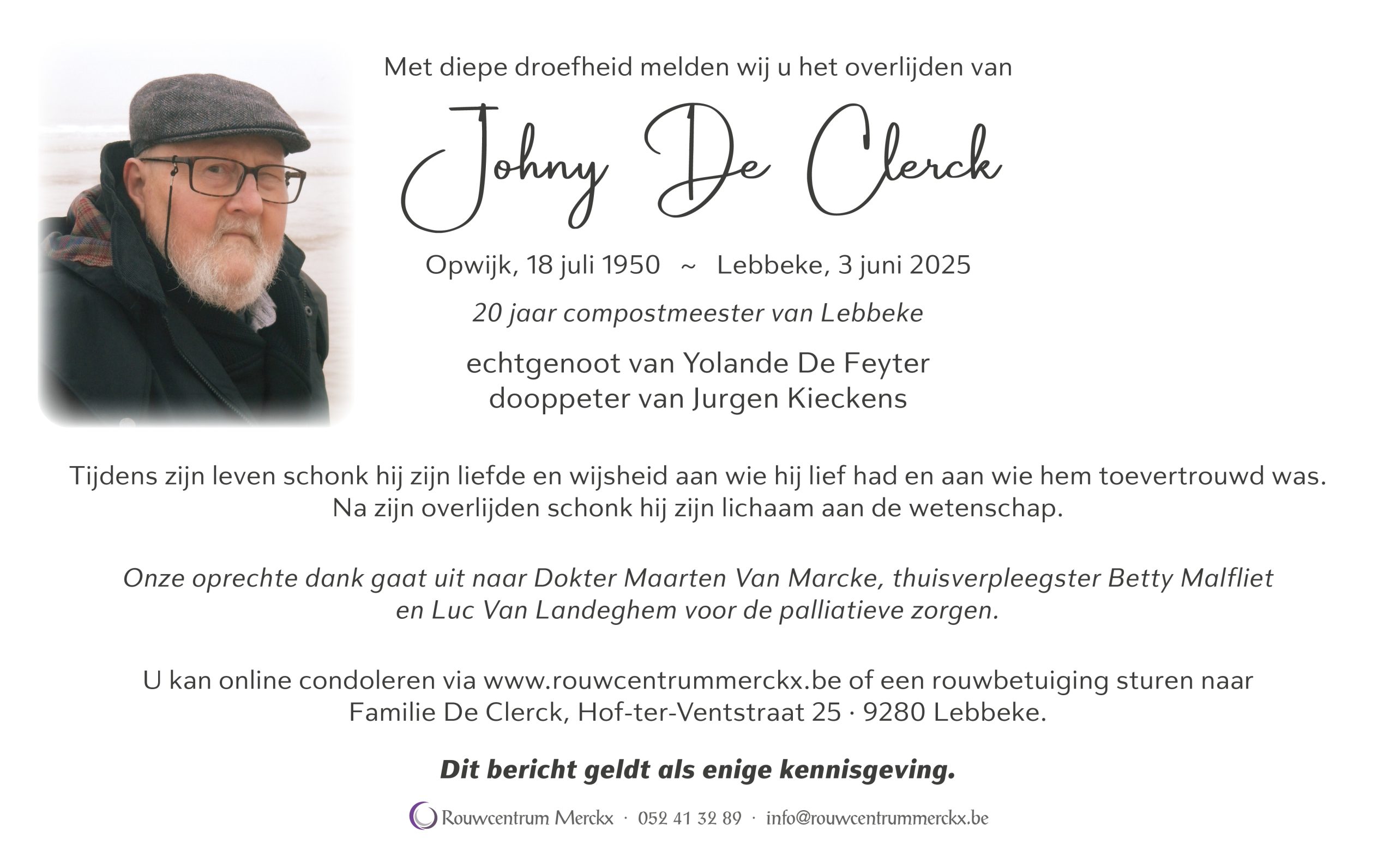 De Clerck Johny rouwbrief