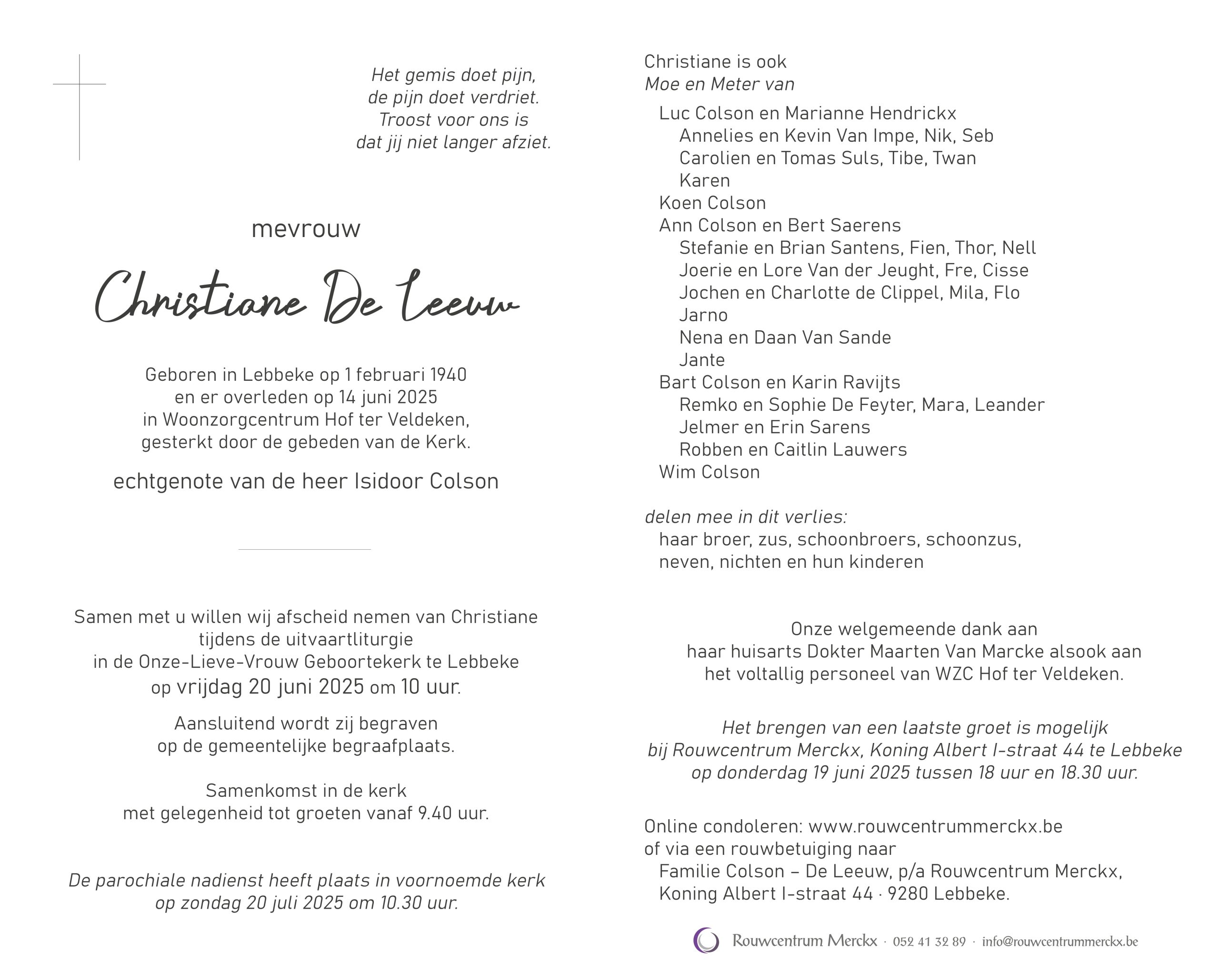 De Leeuw Christiane rouwbrief