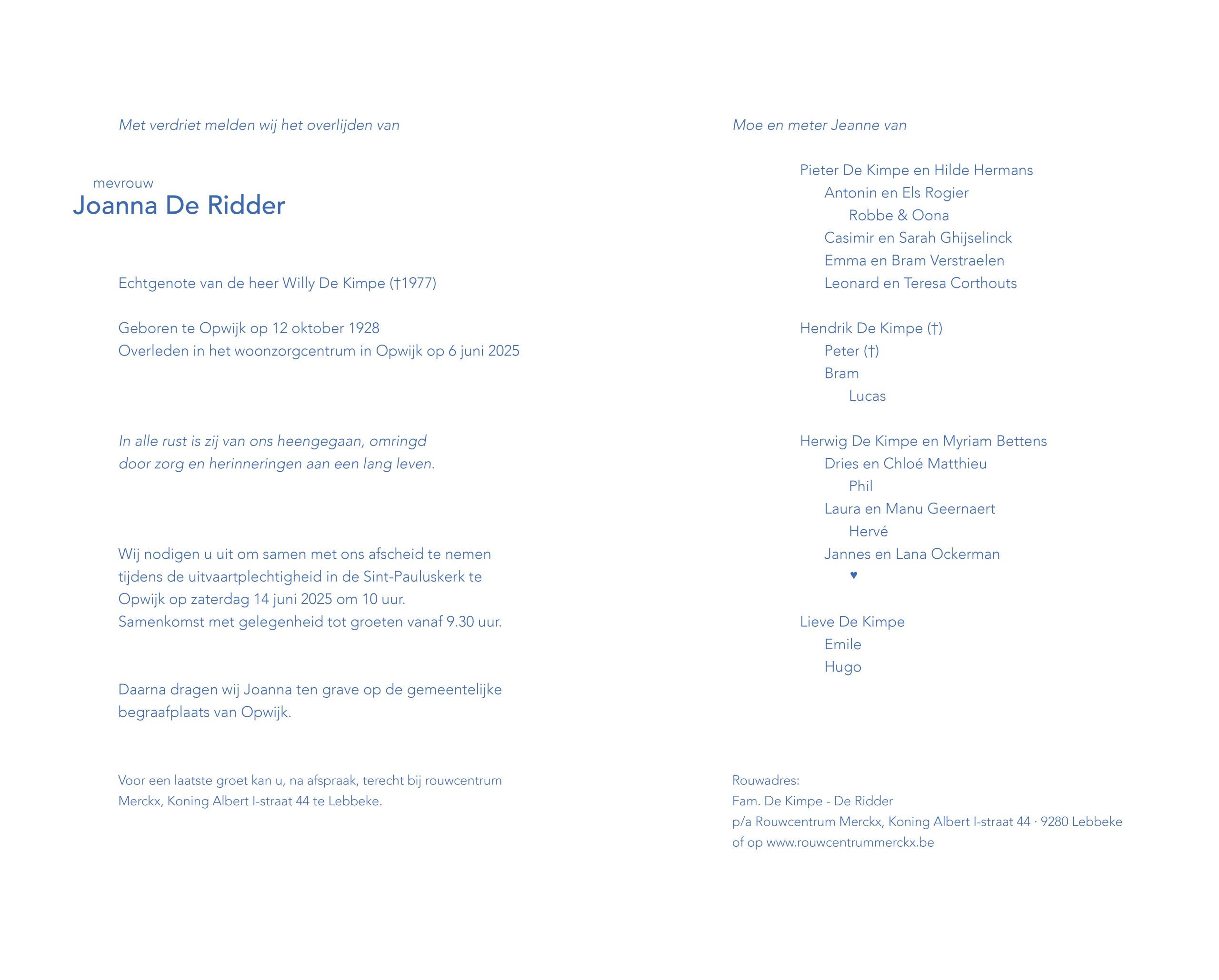 De Ridder Joanna rouwbrief