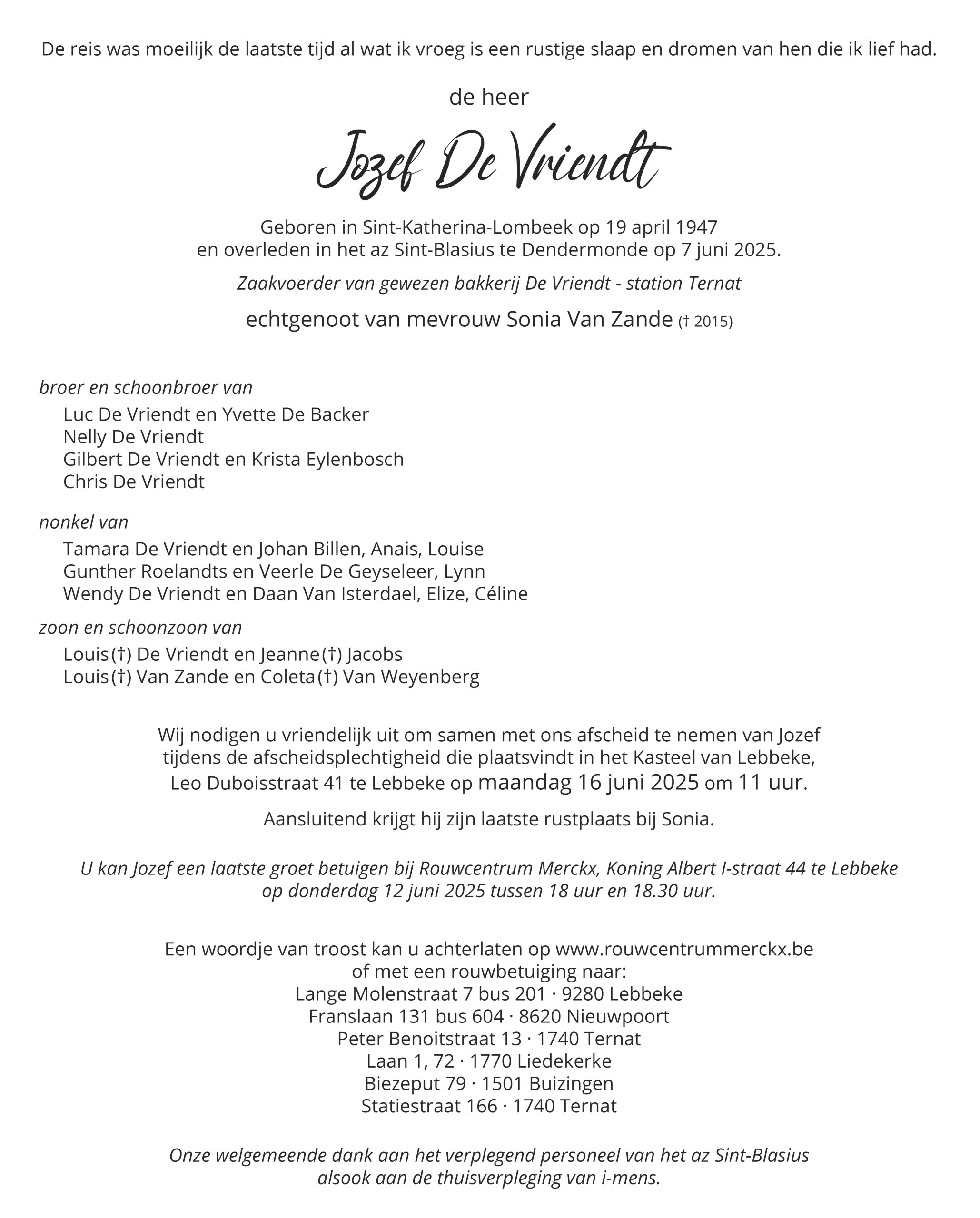 De Vriendt Jozef rouwbrief