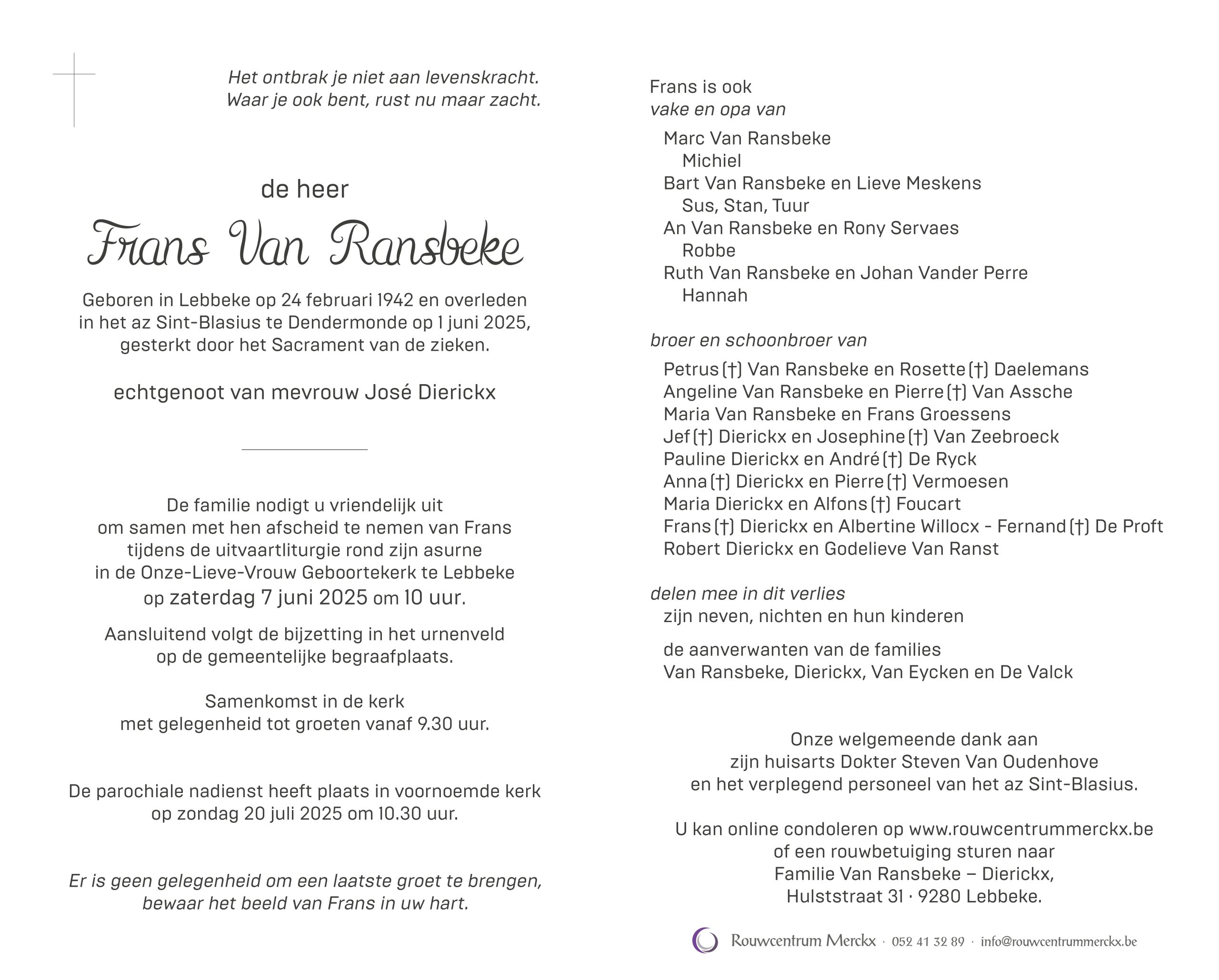 Van Ransbeke Frans rouwbrief