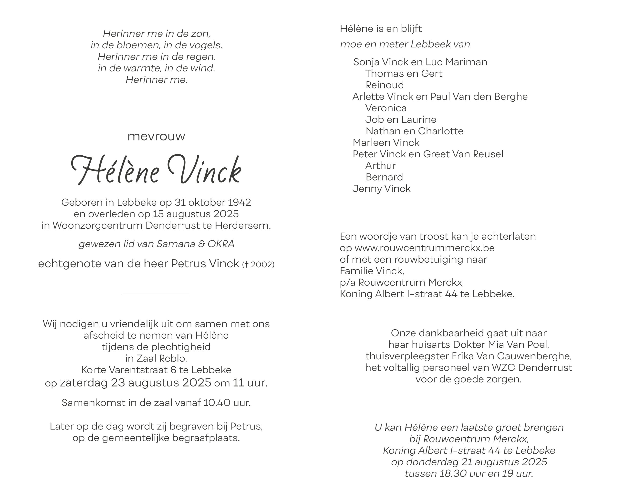 Vinck Hélène rouwbrief