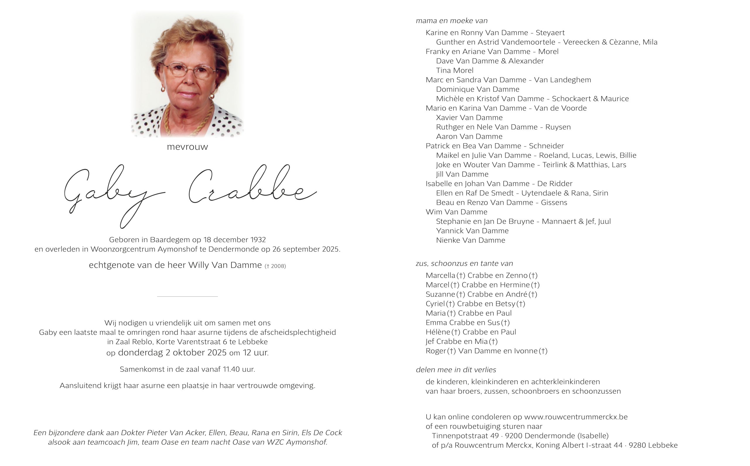 Crabbe Gaby rouwbrief