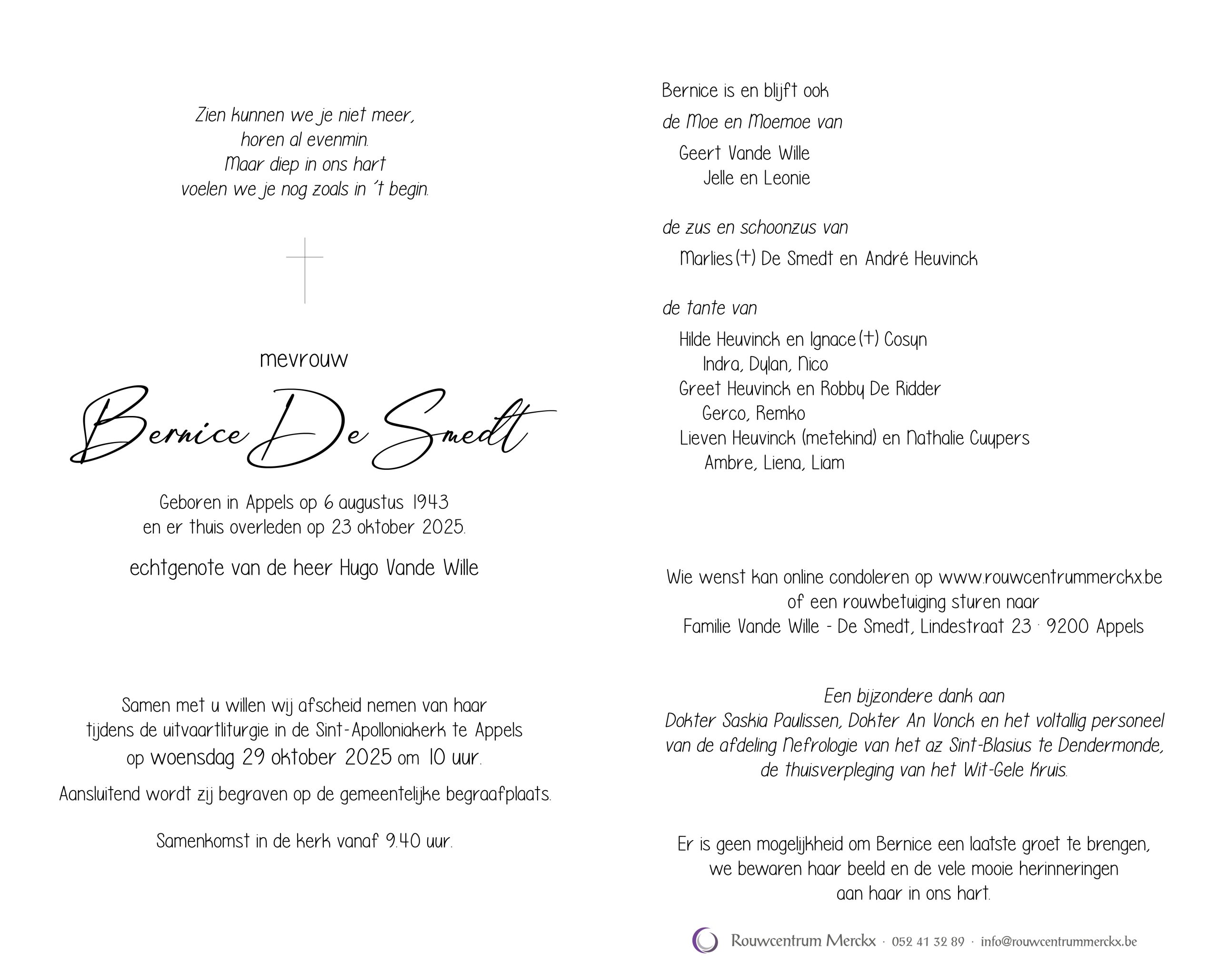 De Smedt Bernice rouwbrief